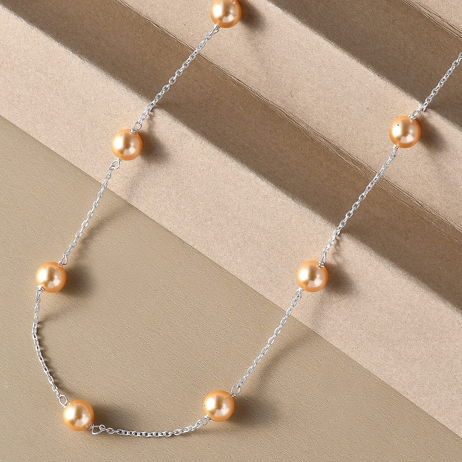 Gold Pearl Crystal Necklace (Size - 20) with Spring Ring Clasp in Sterling Silver