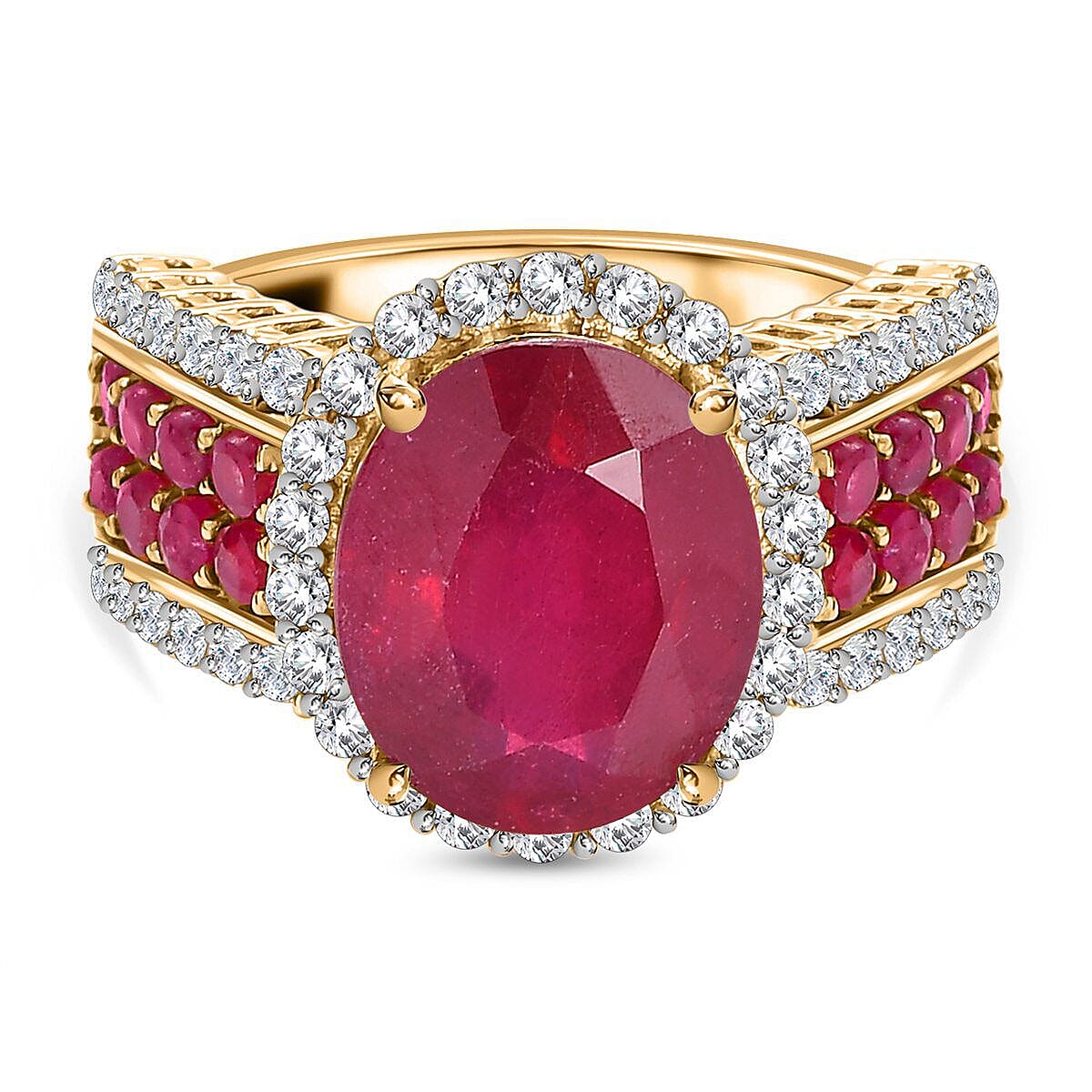 African Ruby and Natural Zircon Ring in 18K Yellow Gold Vermeil Overlay Sterling Silver 8.37 Ct.