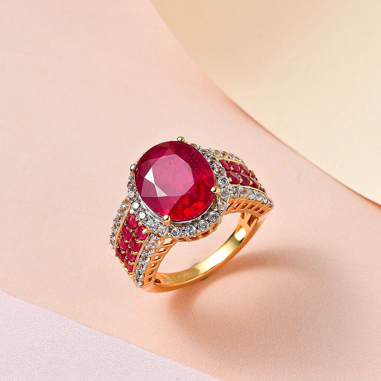 African Ruby and Natural Zircon Ring in 18K Yellow Gold Vermeil Overlay Sterling Silver 8.37 Ct.