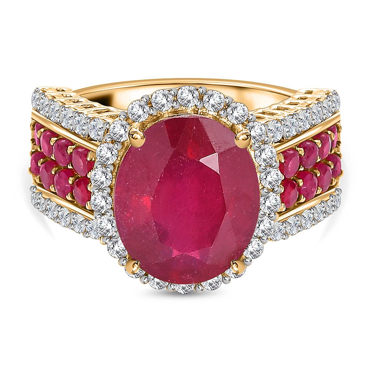 African Ruby and Natural Zircon Ring in 18K Yellow Gold Vermeil Overlay Sterling Silver 8.37 Ct.