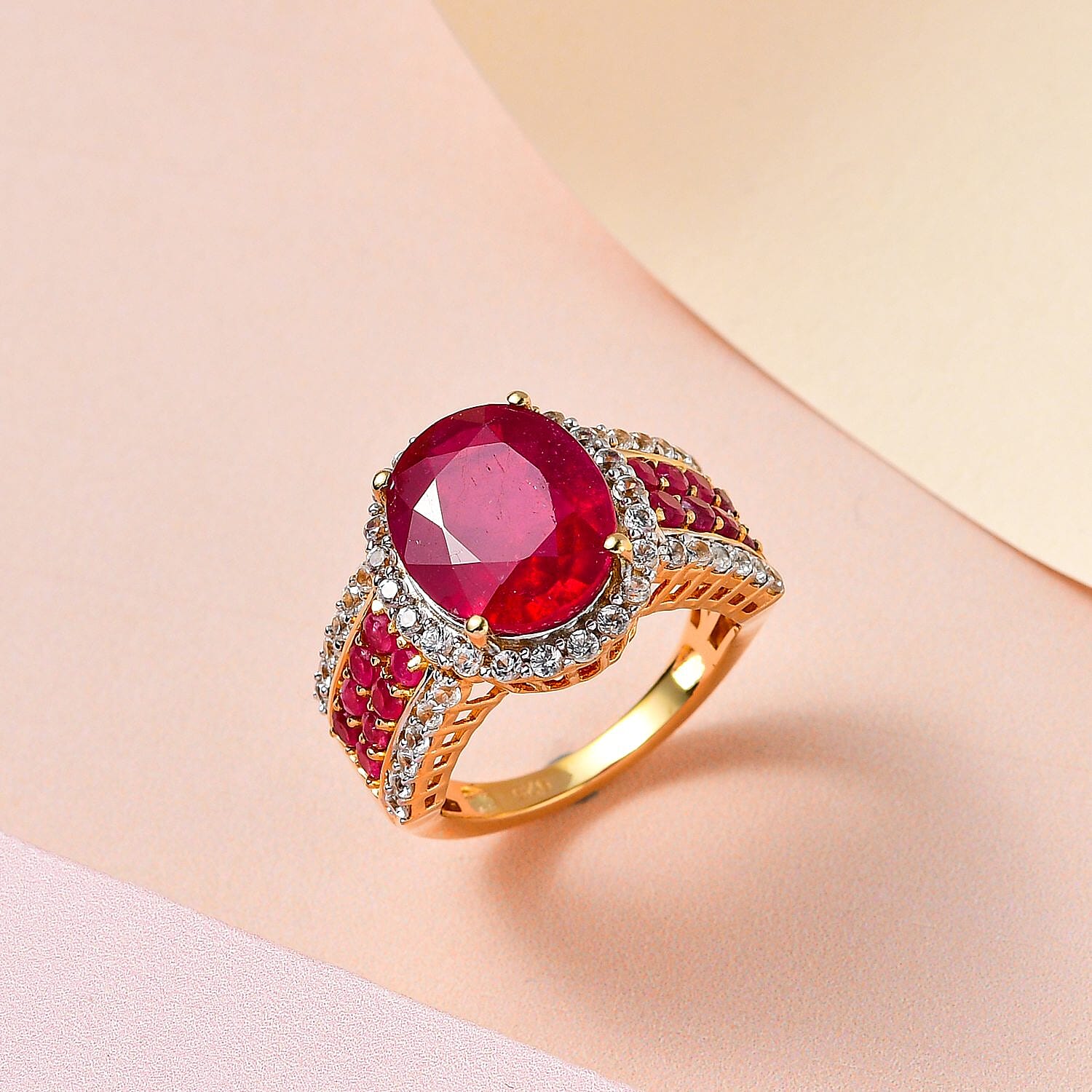 African Ruby and Natural Zircon Ring in 18K Yellow Gold Vermeil Overlay Sterling Silver 8.37 Ct.