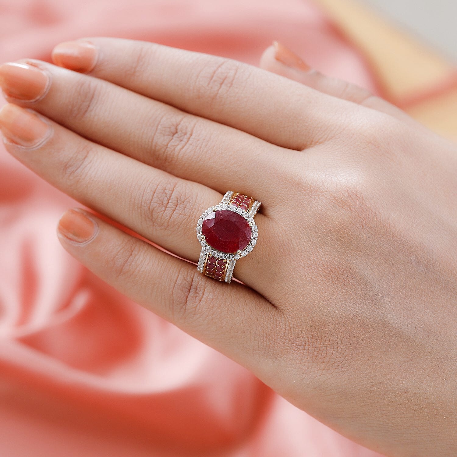 African Ruby and Natural Zircon Ring in 18K Yellow Gold Vermeil Overlay Sterling Silver 8.37 Ct.