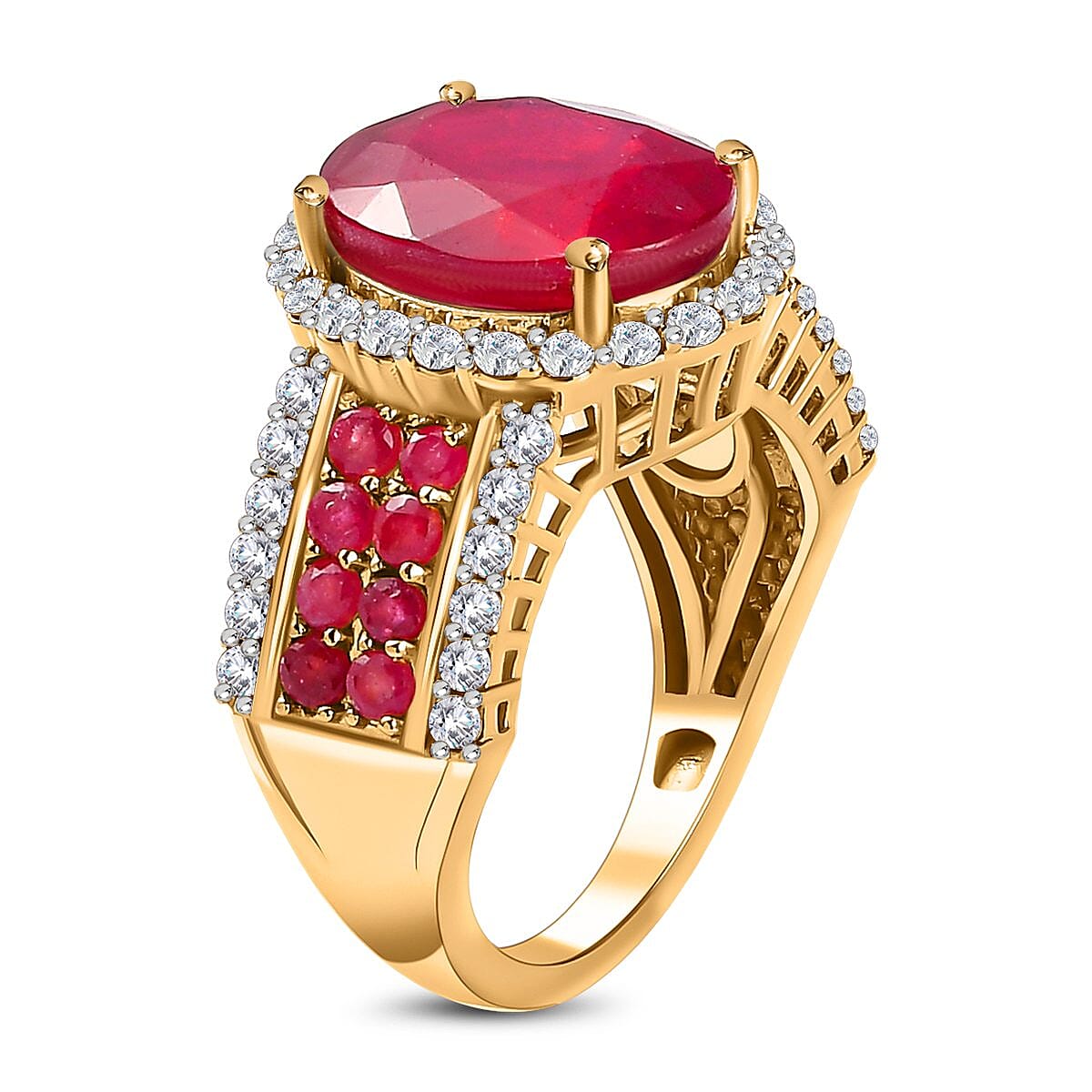 African Ruby and Natural Zircon Ring in 18K Yellow Gold Vermeil Overlay Sterling Silver 8.37 Ct.