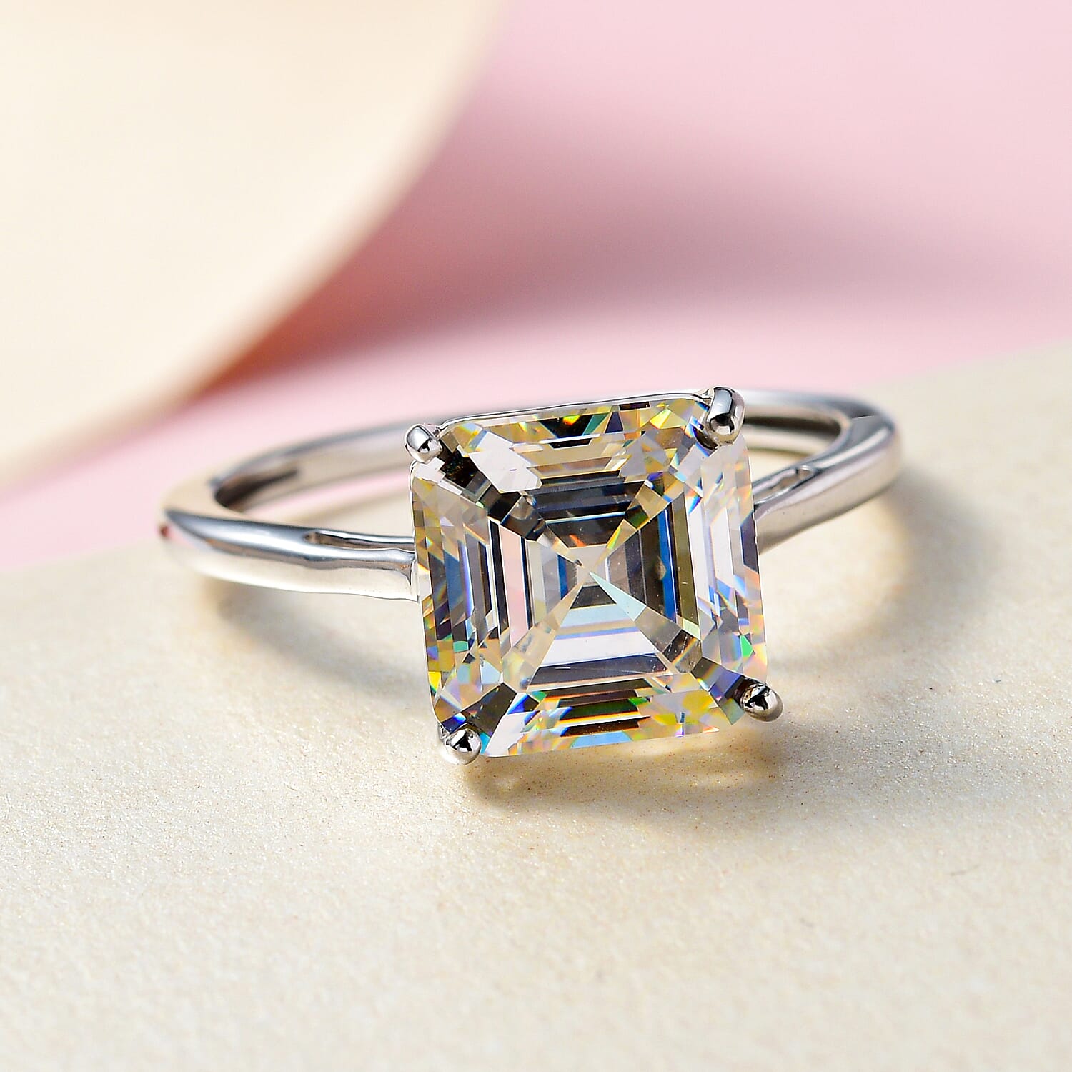 9K White Gold Strontium Titanate (Asscher Cut) Solitaire Ring 6.00 Ct.