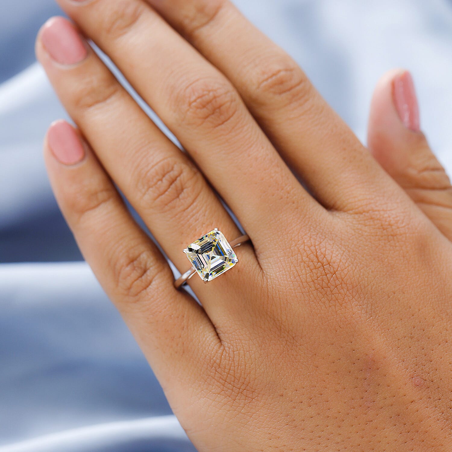 9K White Gold Strontium Titanate (Asscher Cut) Solitaire Ring 6.00 Ct.