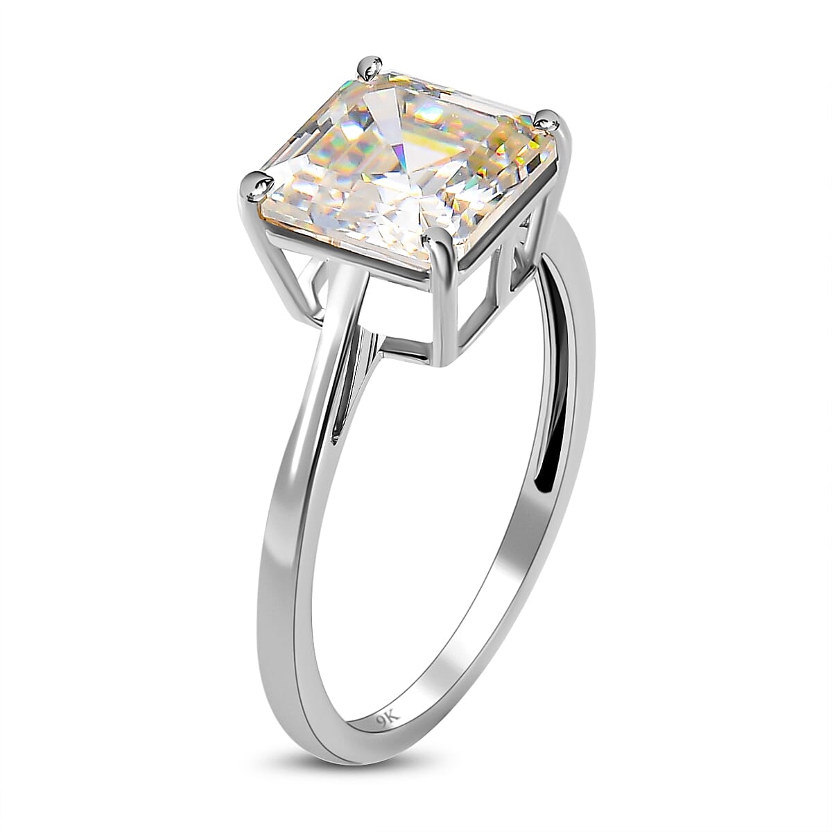 9K White Gold Strontium Titanate (Asscher Cut) Solitaire Ring 6.00 Ct.