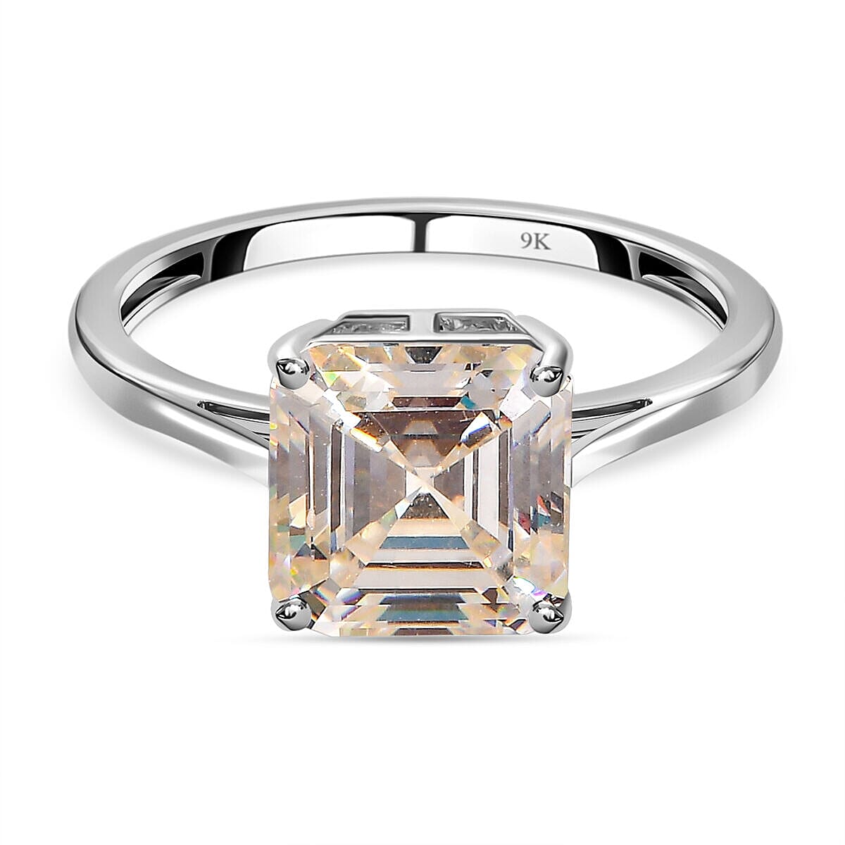 9K White Gold Strontium Titanate (Asscher Cut) Solitaire Ring 6.00 Ct.