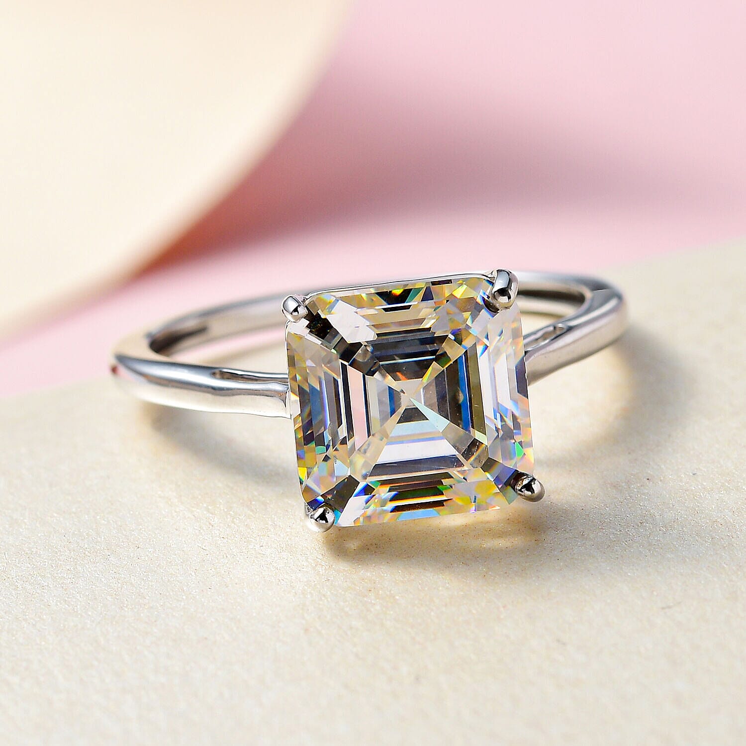 9K White Gold Strontium Titanate (Asscher Cut) Solitaire Ring 6.00 Ct.