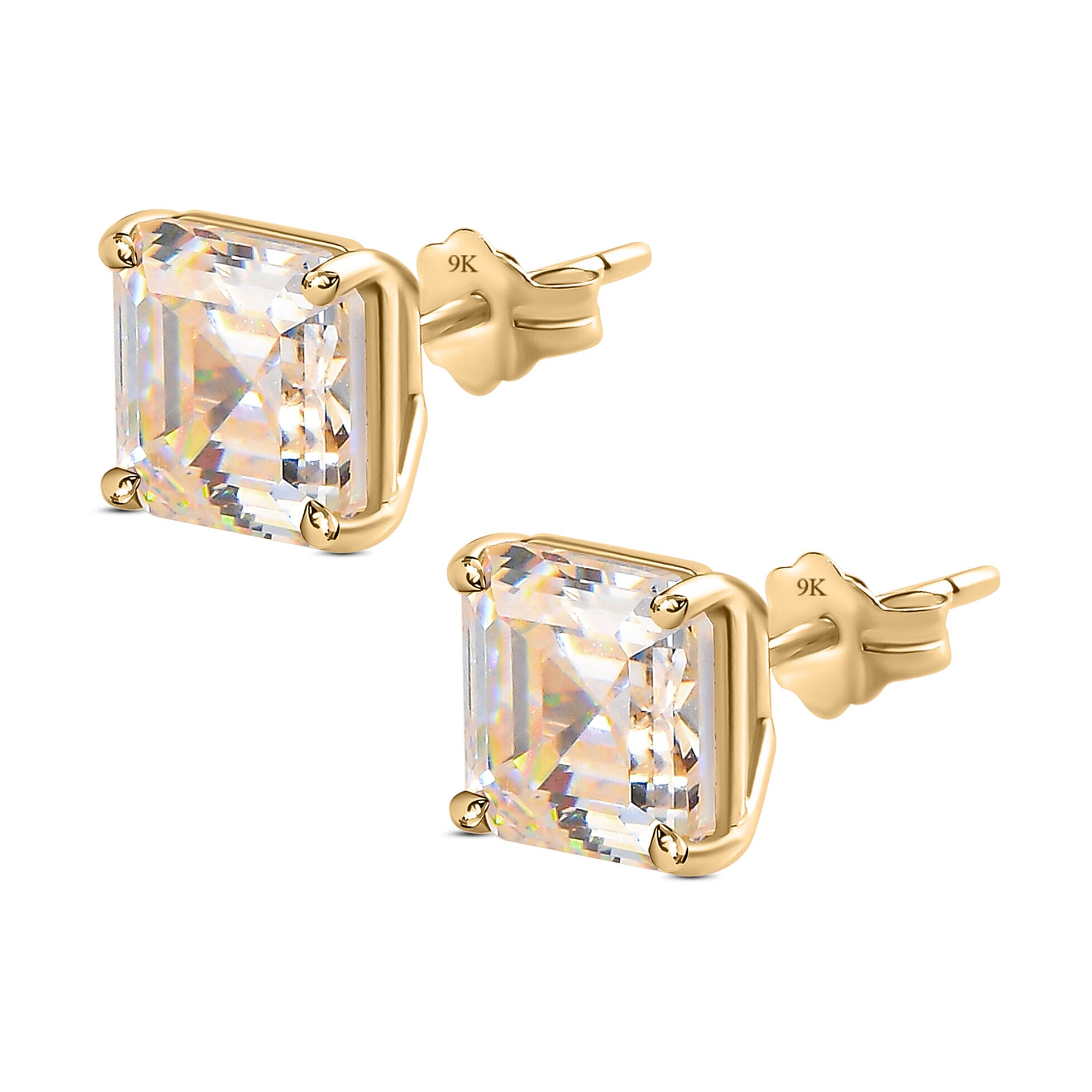 Doorbuster - 9K Yellow Gold Strontium Titanate (Asscher Cut) Stud Earrings (with Push Back) 5.00 Ct.