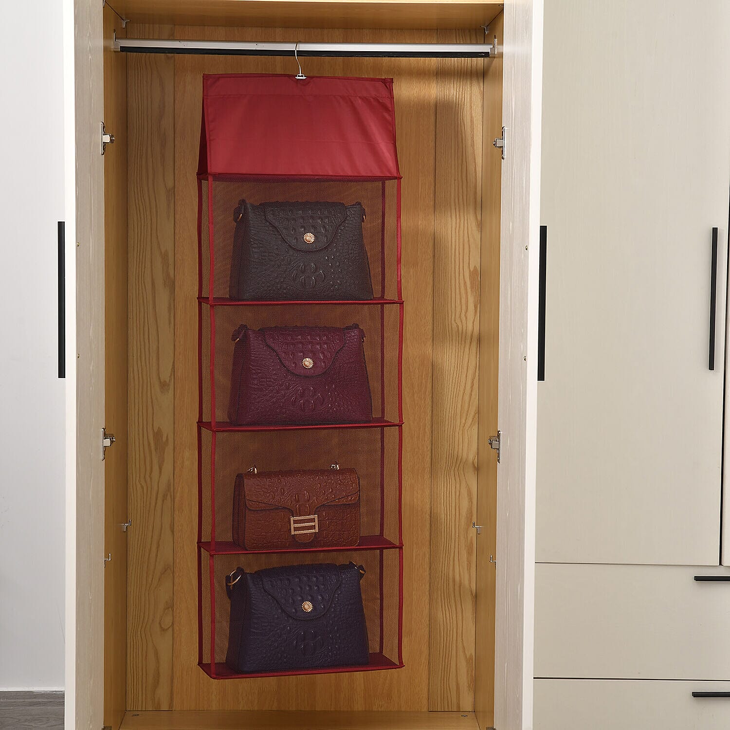 Homesmart 4 Layer Hanging Organizer For Handbags (Size - 120x40x16 cm) - Burgundy