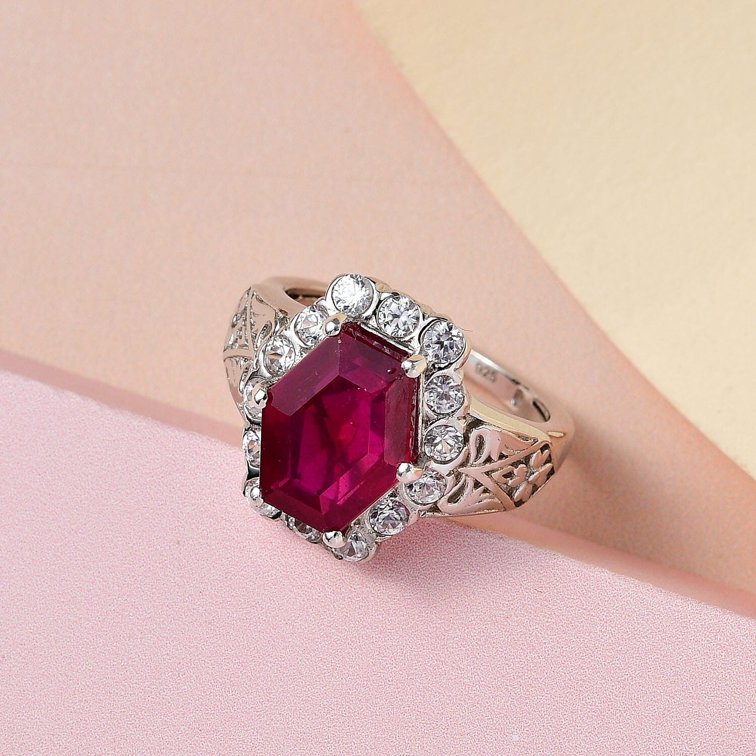 African Ruby and Natural Zircon Halo Ring in Platinum Overlay Sterling Silver 6.16 Ct.