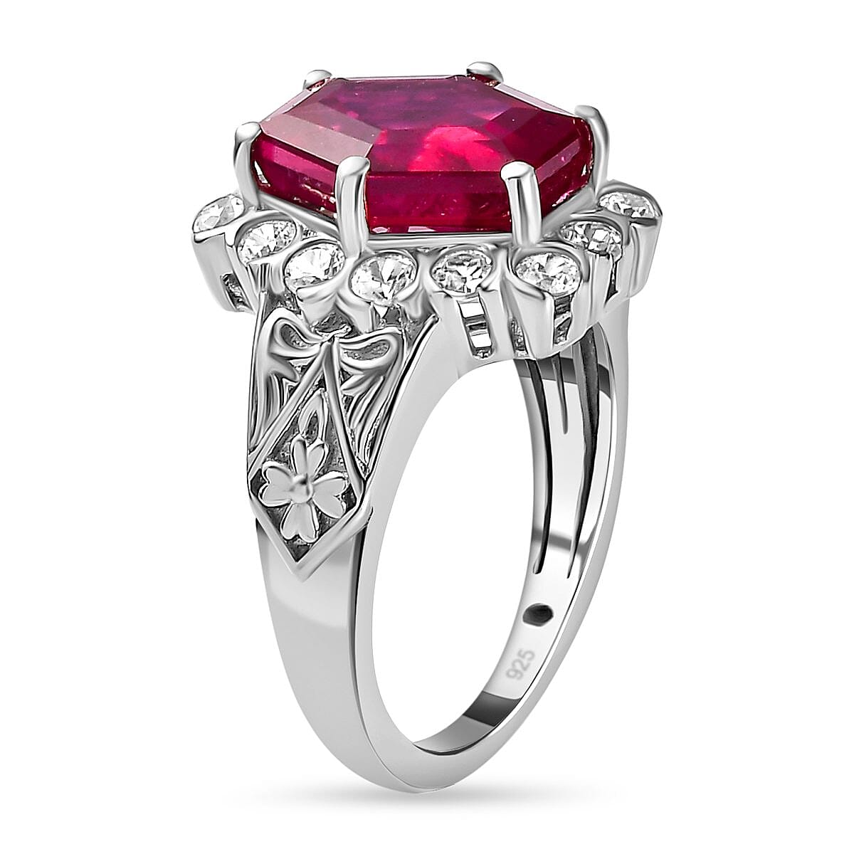 African Ruby and Natural Zircon Halo Ring in Platinum Overlay Sterling Silver 6.16 Ct.
