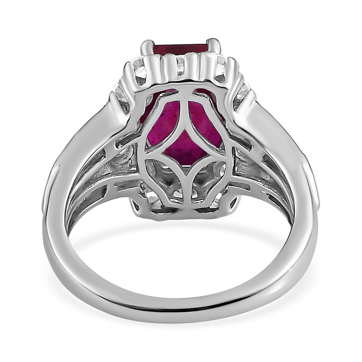 African Ruby and Natural Zircon Halo Ring in Platinum Overlay Sterling Silver 6.16 Ct.