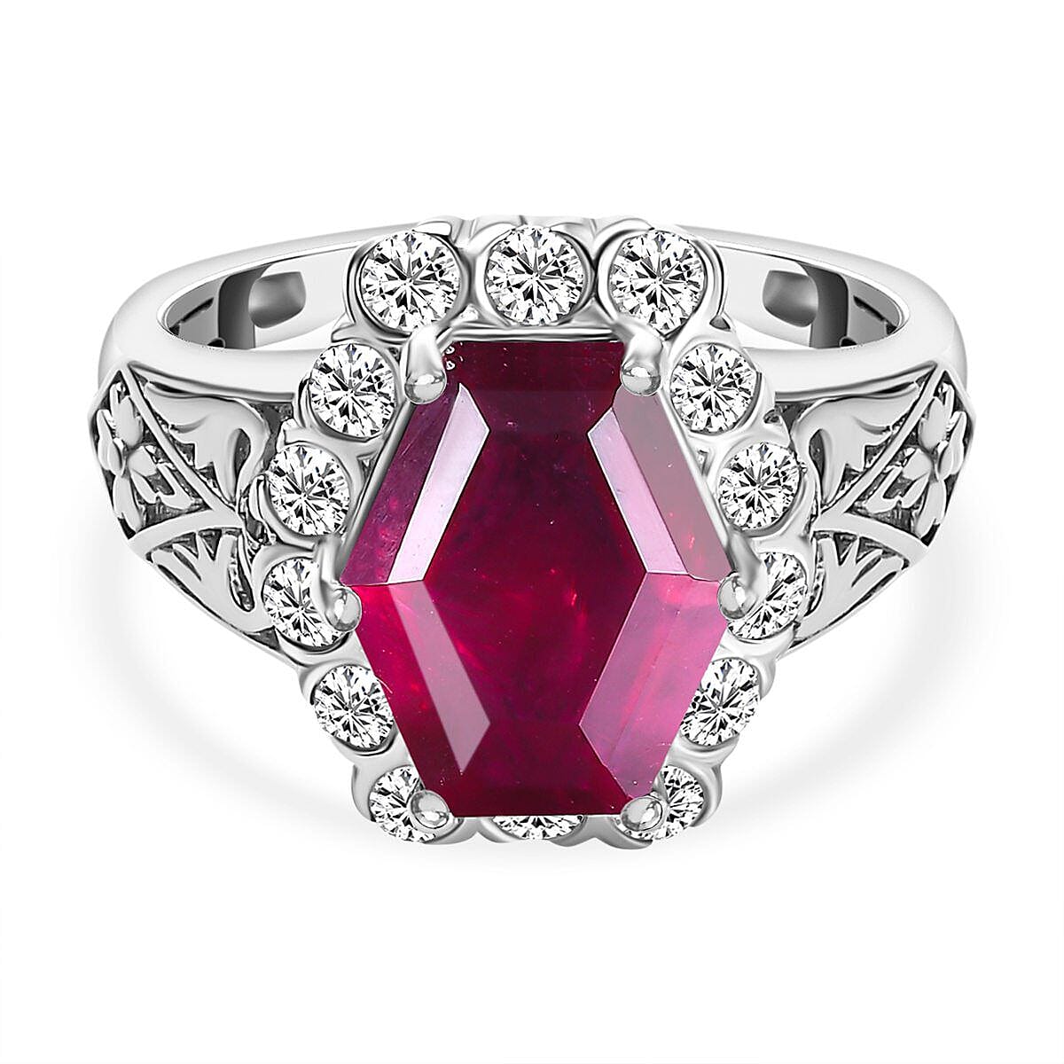 African Ruby and Natural Zircon Halo Ring in Platinum Overlay Sterling Silver 6.16 Ct.