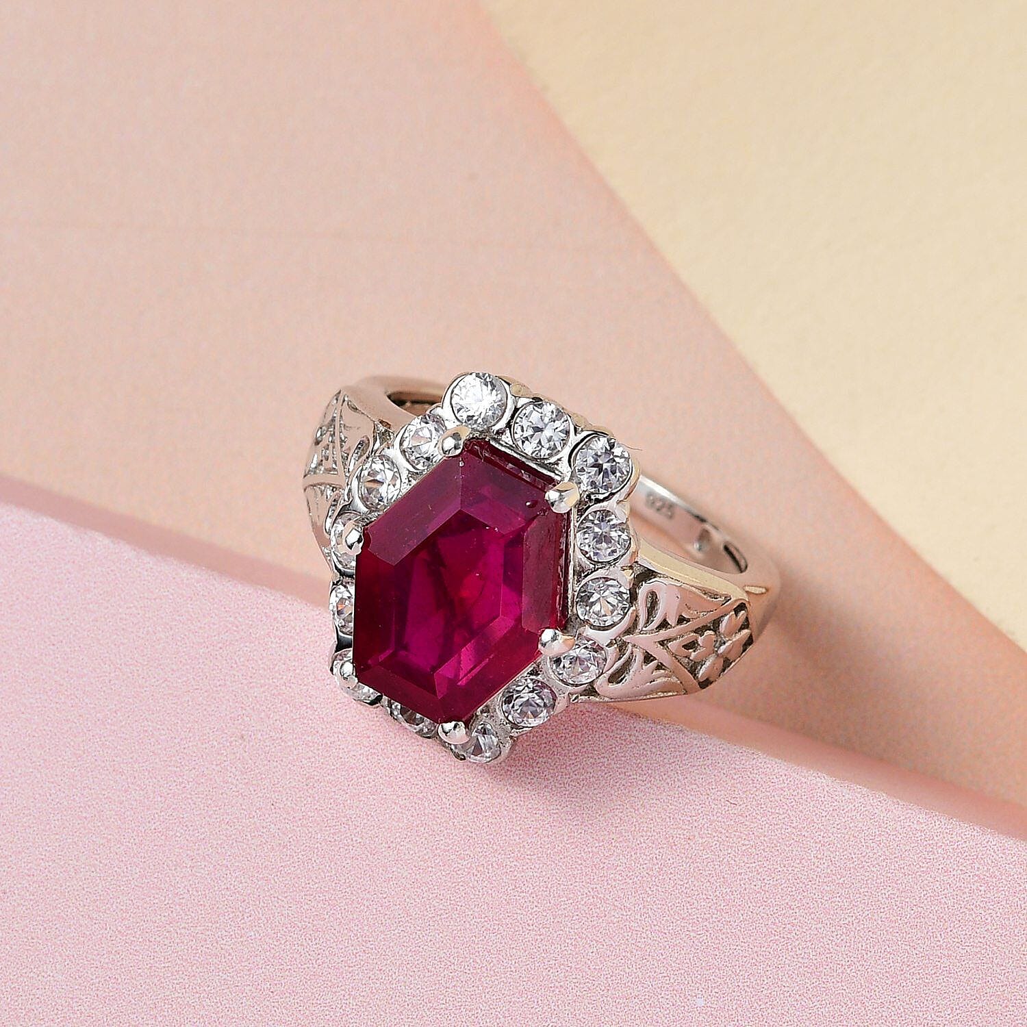 African Ruby and Natural Zircon Halo Ring in Platinum Overlay Sterling Silver 6.16 Ct.