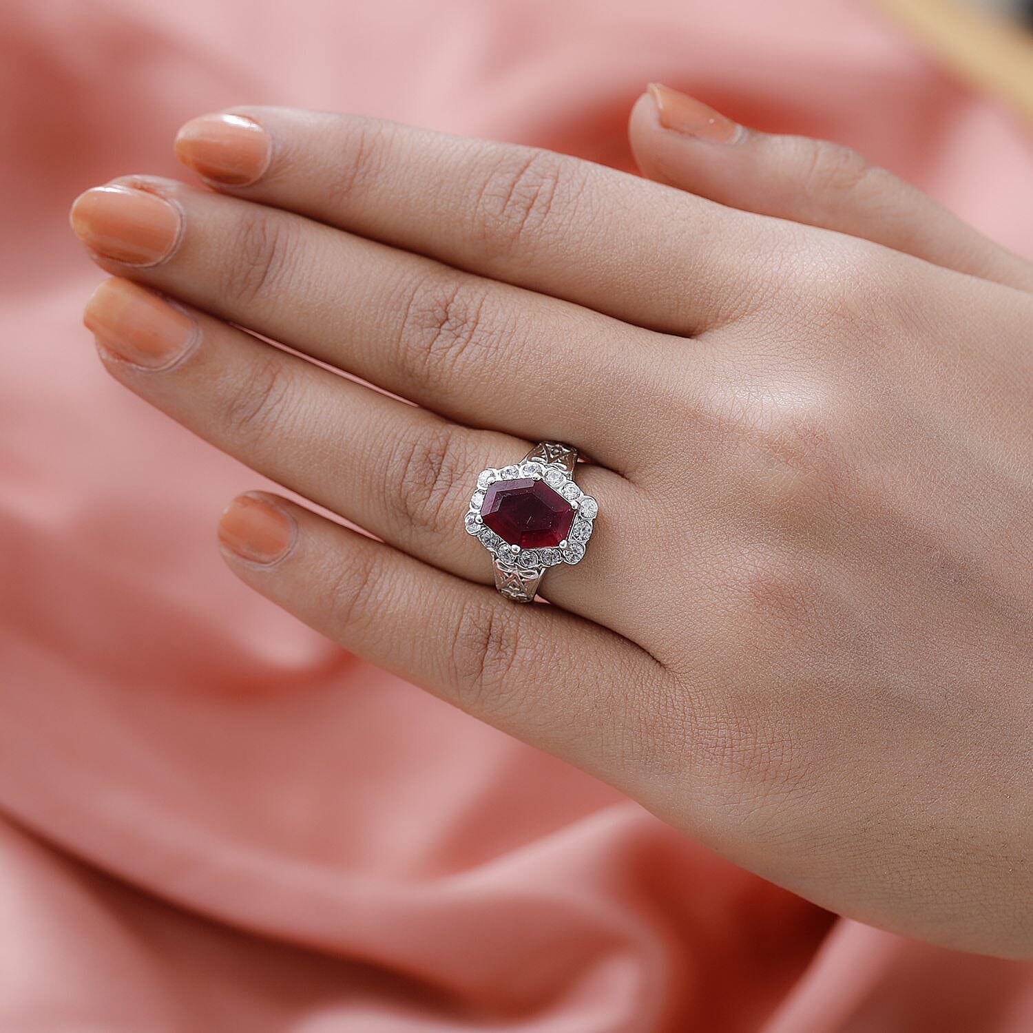 African Ruby and Natural Zircon Halo Ring in Platinum Overlay Sterling Silver 6.16 Ct.
