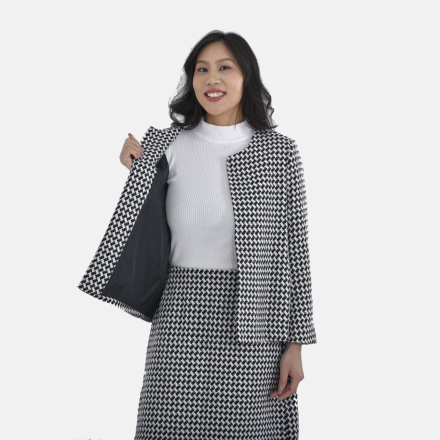 Tamsy Houndstooth Tweed Jacket - White & Black Tamsy Houndstooth Tweed Jacket - White & Black