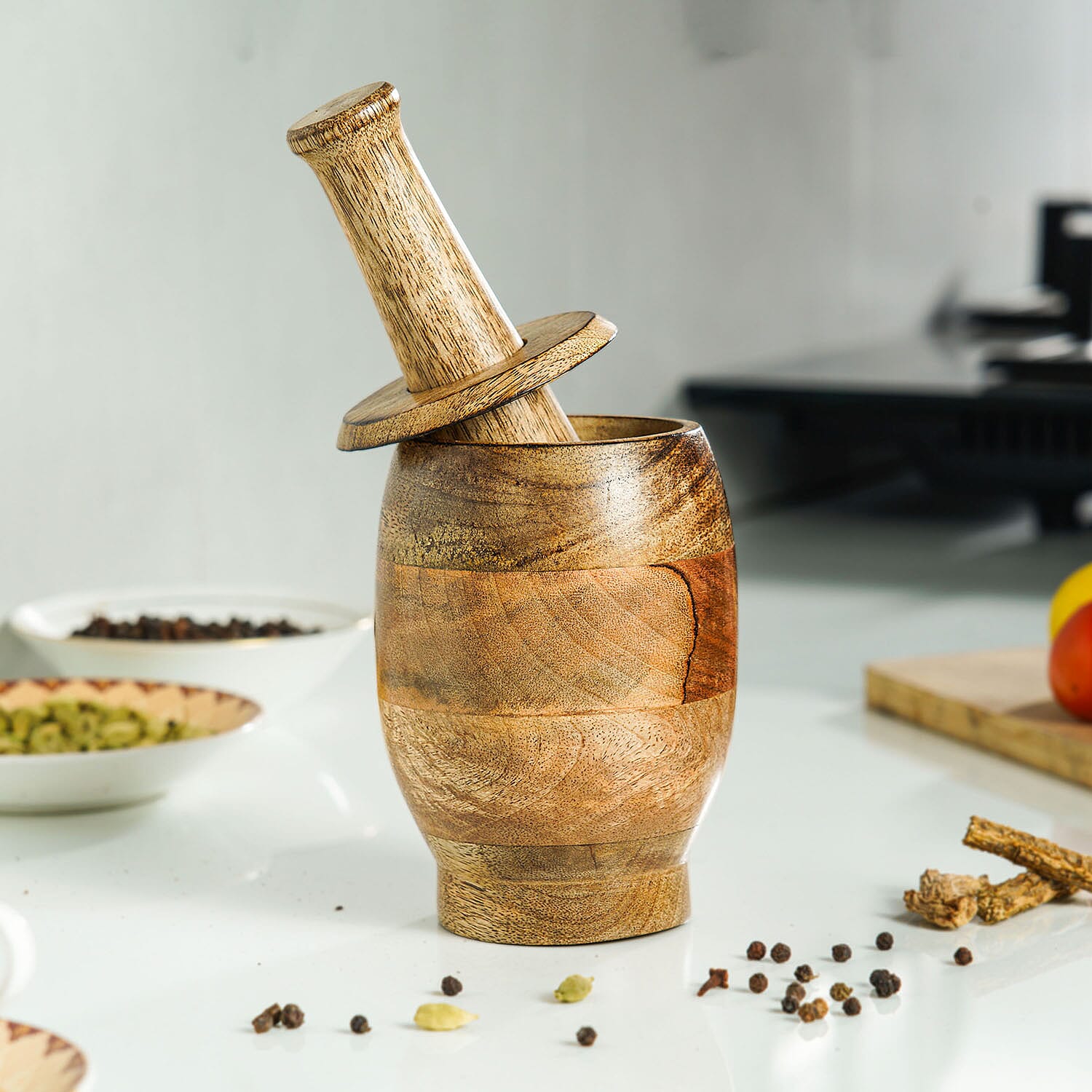 Wooden Mortar and Pestle with Lid Kitchen Set (Size 15x10 cm) - Natural Brown