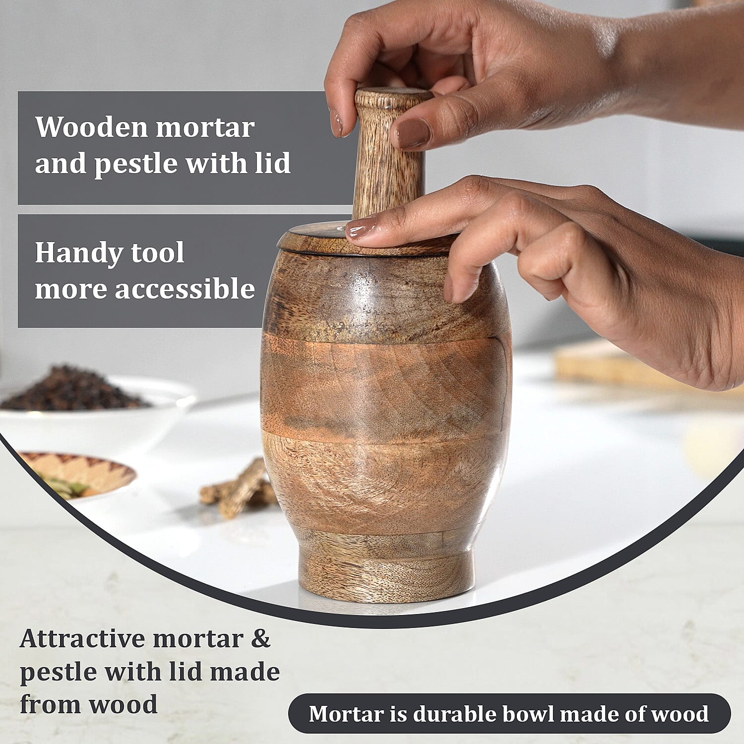 Wooden Mortar and Pestle with Lid Kitchen Set (Size 15x10 cm) - Natural Brown
