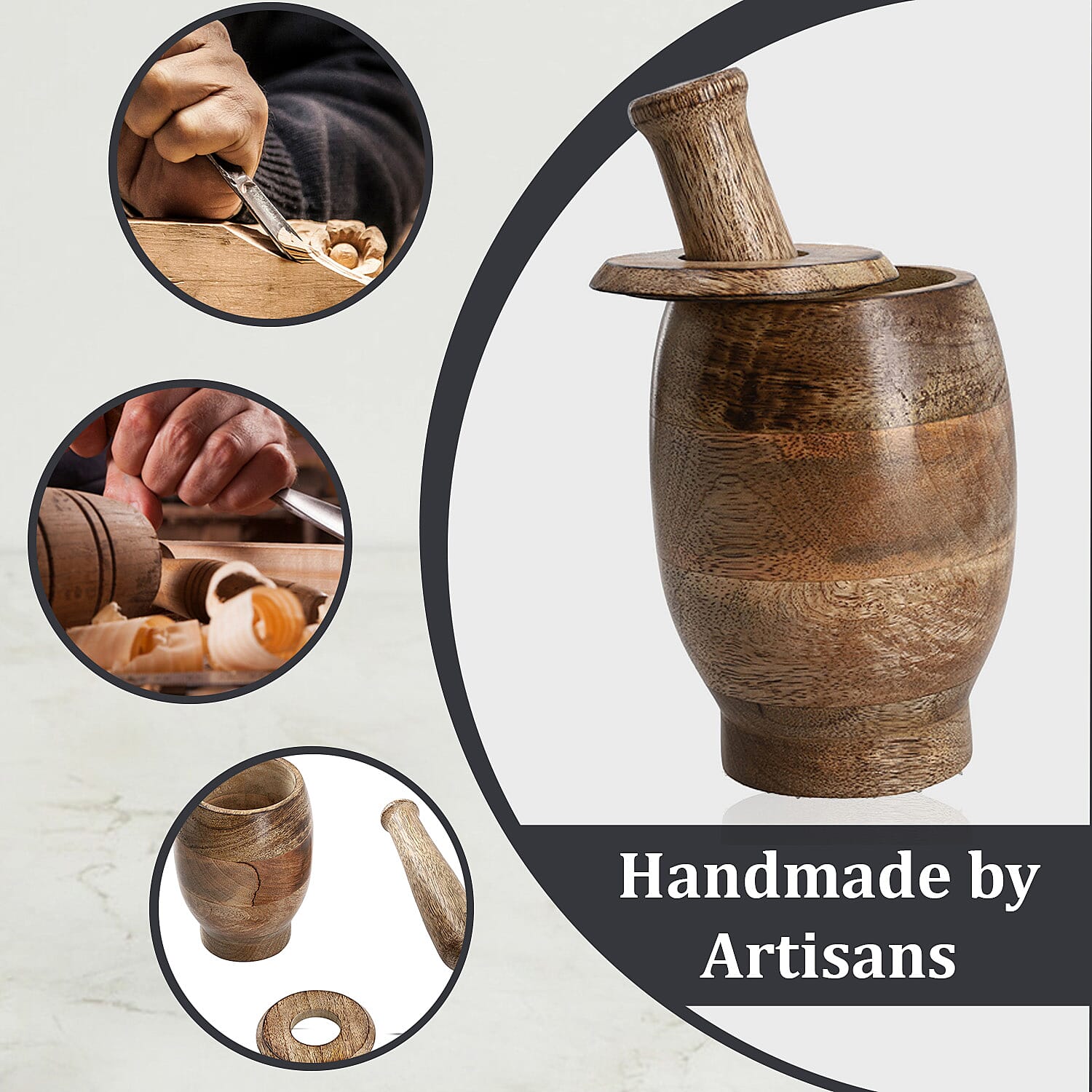 Wooden Mortar and Pestle with Lid Kitchen Set (Size 15x10 cm) - Natural Brown