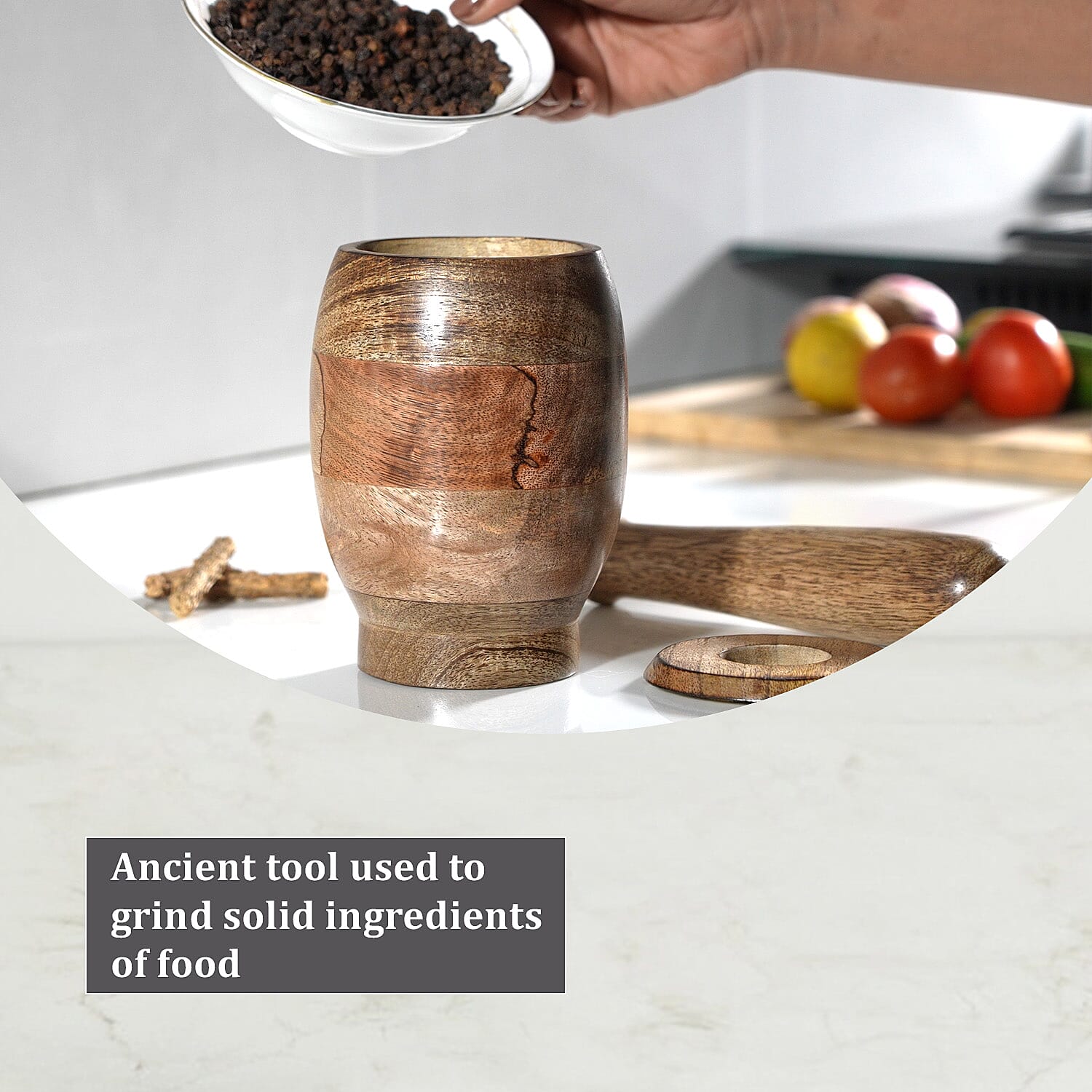 Wooden Mortar and Pestle with Lid Kitchen Set (Size 15x10 cm) - Natural Brown