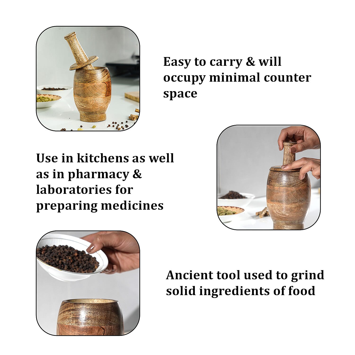 Wooden Mortar and Pestle with Lid Kitchen Set (Size 15x10 cm) - Natural Brown
