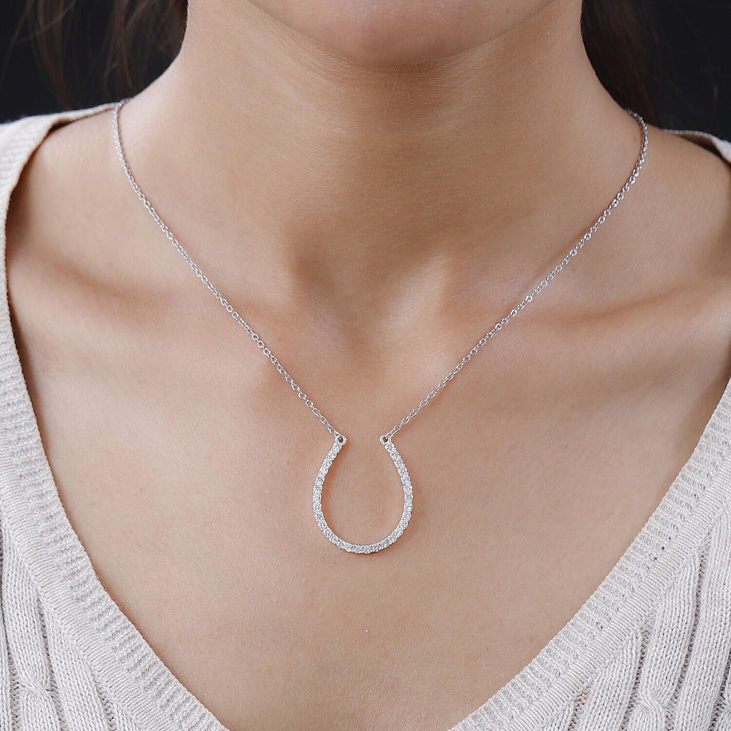 CZ Sterling Silver Horseshoe Necklace (Size 18) 1.89 Ct