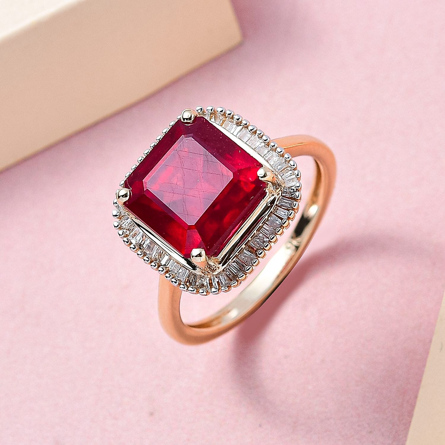 9K Yellow Gold AA African Ruby (Asscher Cut) and Diamond Halo Ring 5.28 Ct.