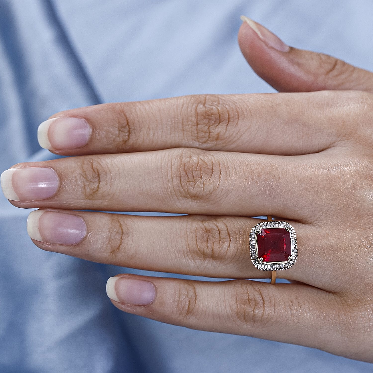 9K Yellow Gold AA African Ruby (Asscher Cut) and Diamond Halo Ring 5.28 Ct.