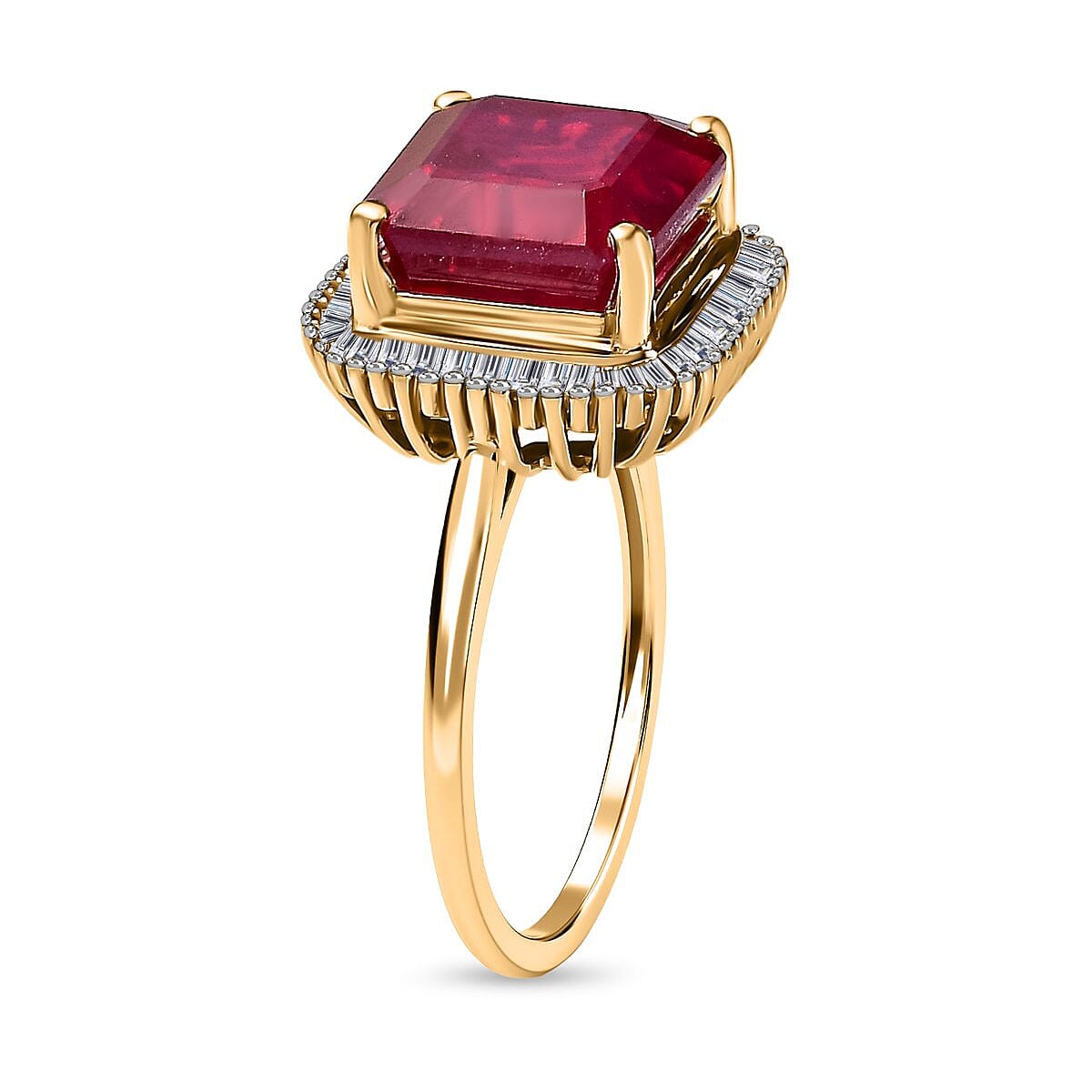 9K Yellow Gold AA African Ruby (Asscher Cut) and Diamond Halo Ring 5.28 Ct.