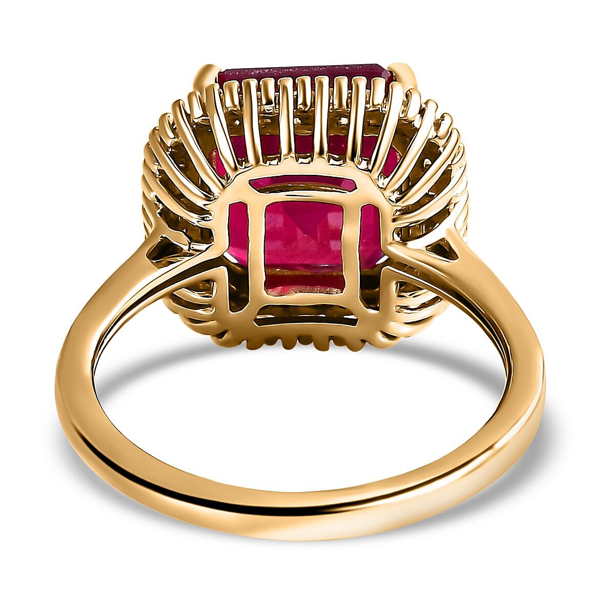 9K Yellow Gold AA African Ruby (Asscher Cut) and Diamond Halo Ring 5.28 Ct.