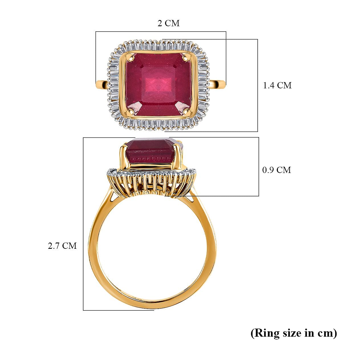 9K Yellow Gold AA African Ruby (Asscher Cut) and Diamond Halo Ring 5.28 Ct.