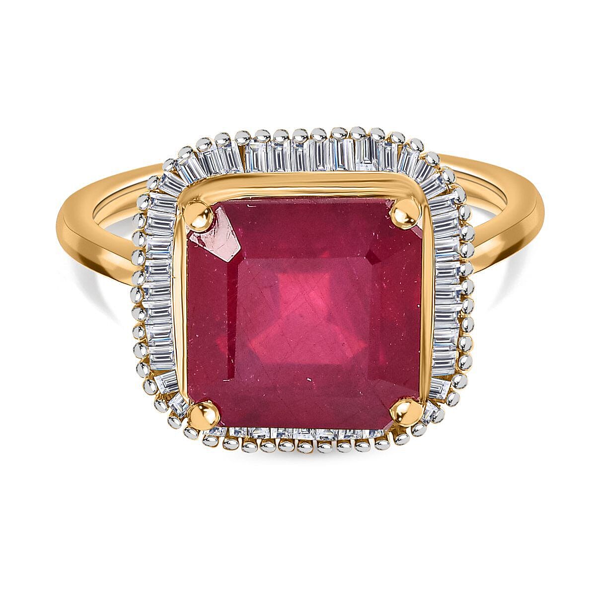 9K Yellow Gold AA African Ruby (Asscher Cut) and Diamond Halo Ring 5.28 Ct.