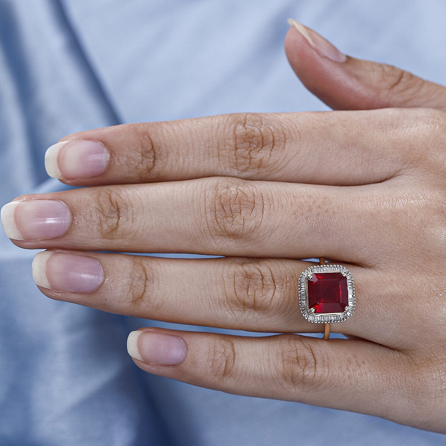 9K Yellow Gold AA African Ruby (Asscher Cut) and Diamond Halo Ring 5.28 Ct.
