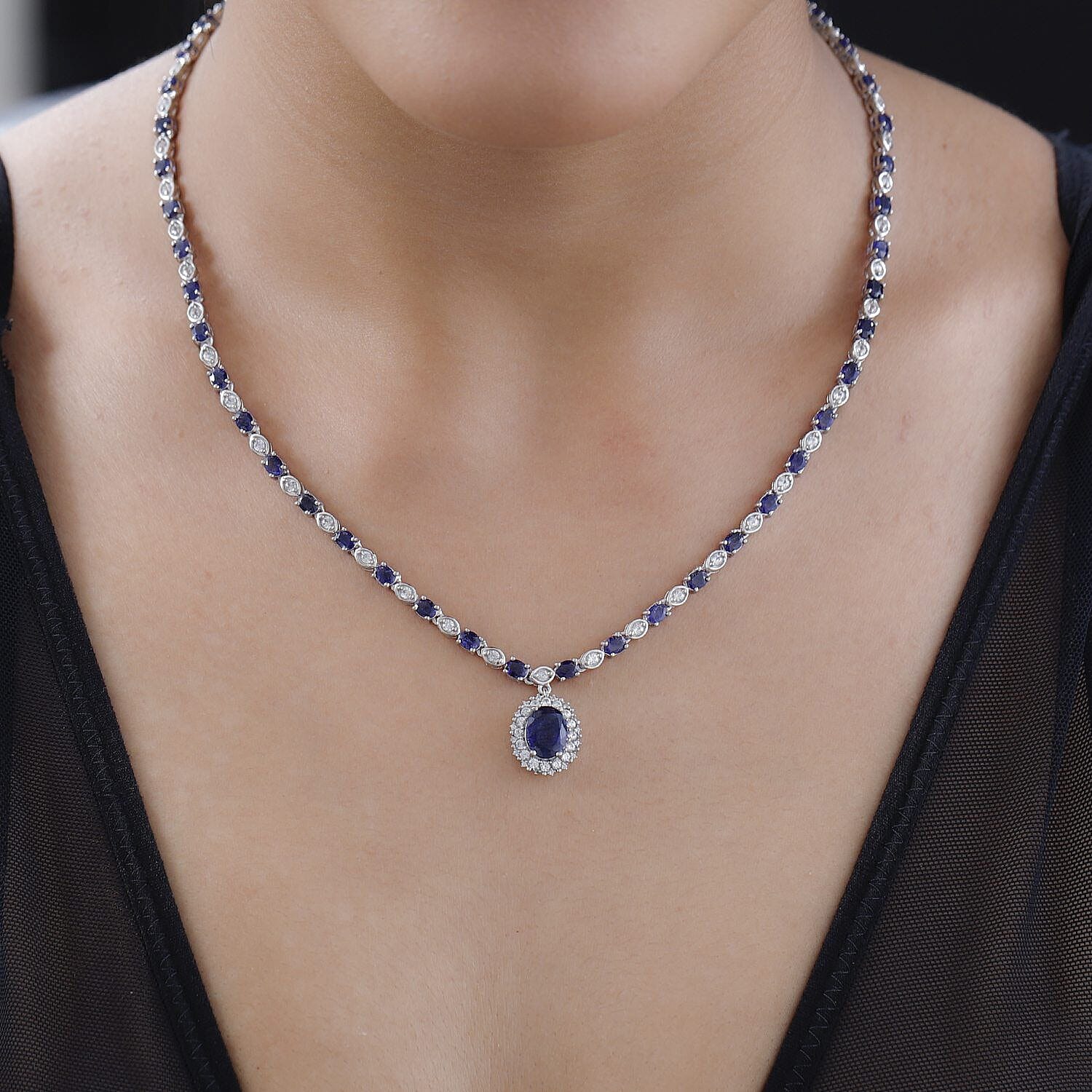 Designer Inspired - Masoala Sapphire and Natural Zircon Necklace (Size - 20) in Platinum Overlay Sterling Silver 17.06 Ct.