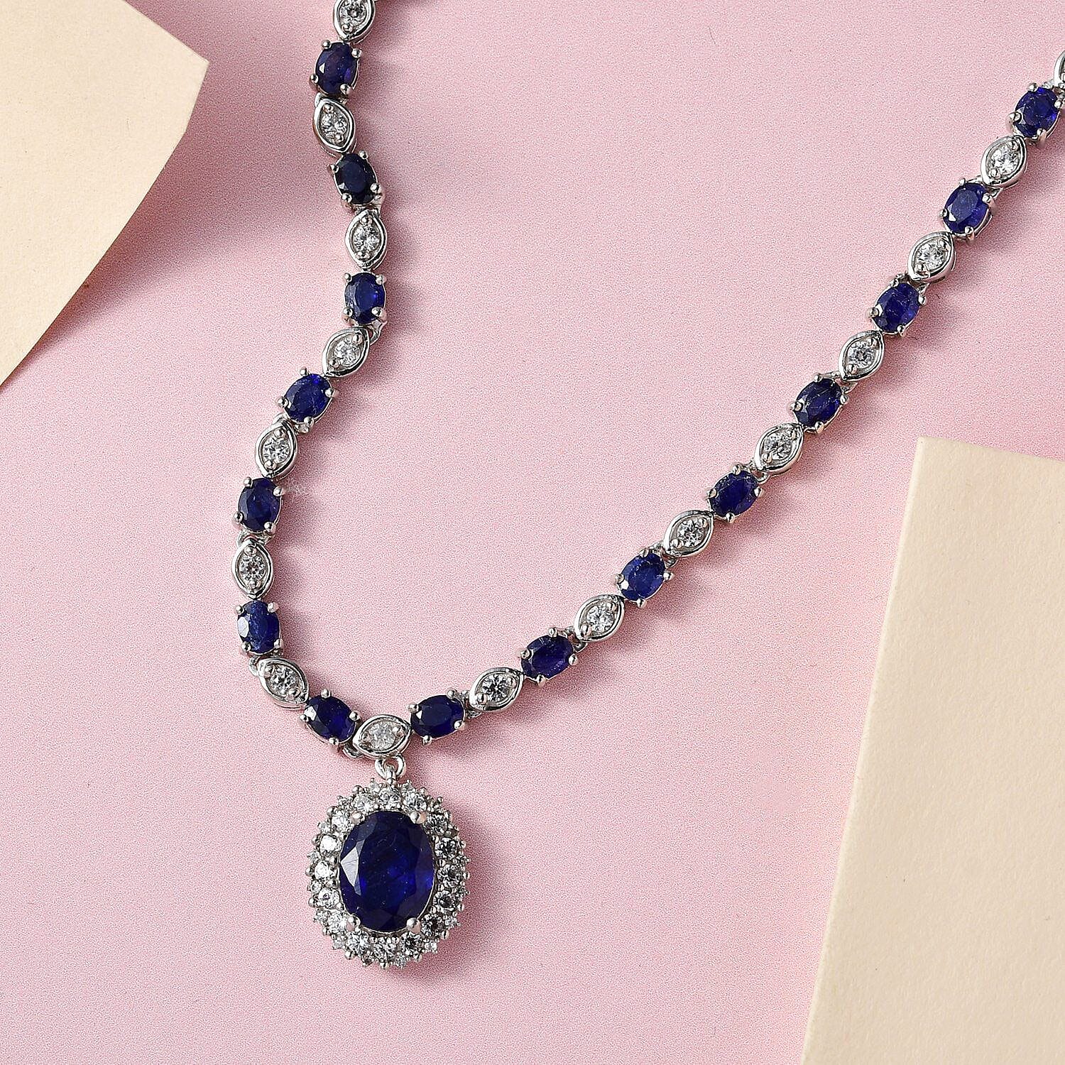 Designer Inspired - Masoala Sapphire and Natural Zircon Necklace (Size - 20) in Platinum Overlay Sterling Silver 17.06 Ct.