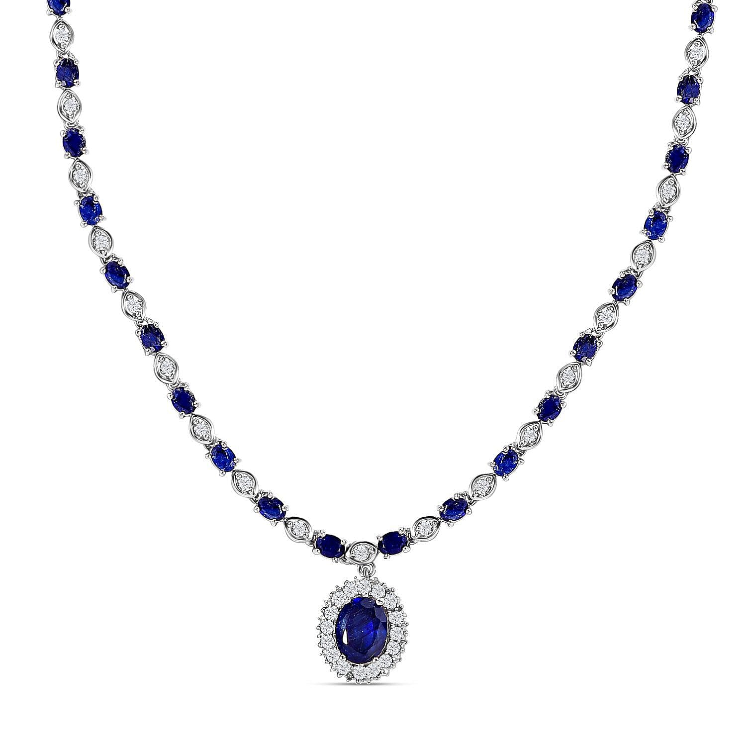 Designer Inspired - Masoala Sapphire and Natural Zircon Necklace (Size - 20) in Platinum Overlay Sterling Silver 17.06 Ct.