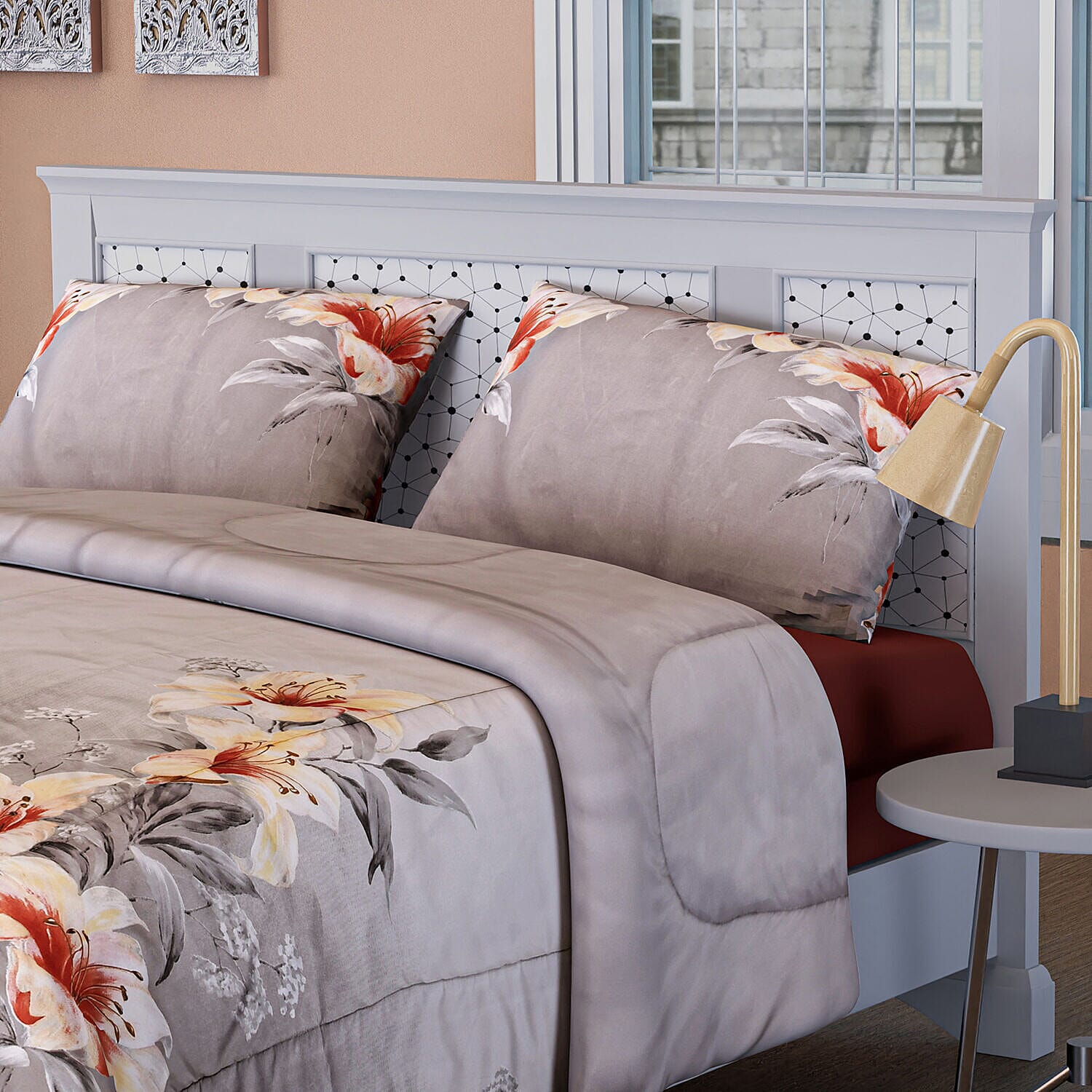 Set of 3 - Floral Pattern Comforter and 2 Pillowcases - Grey