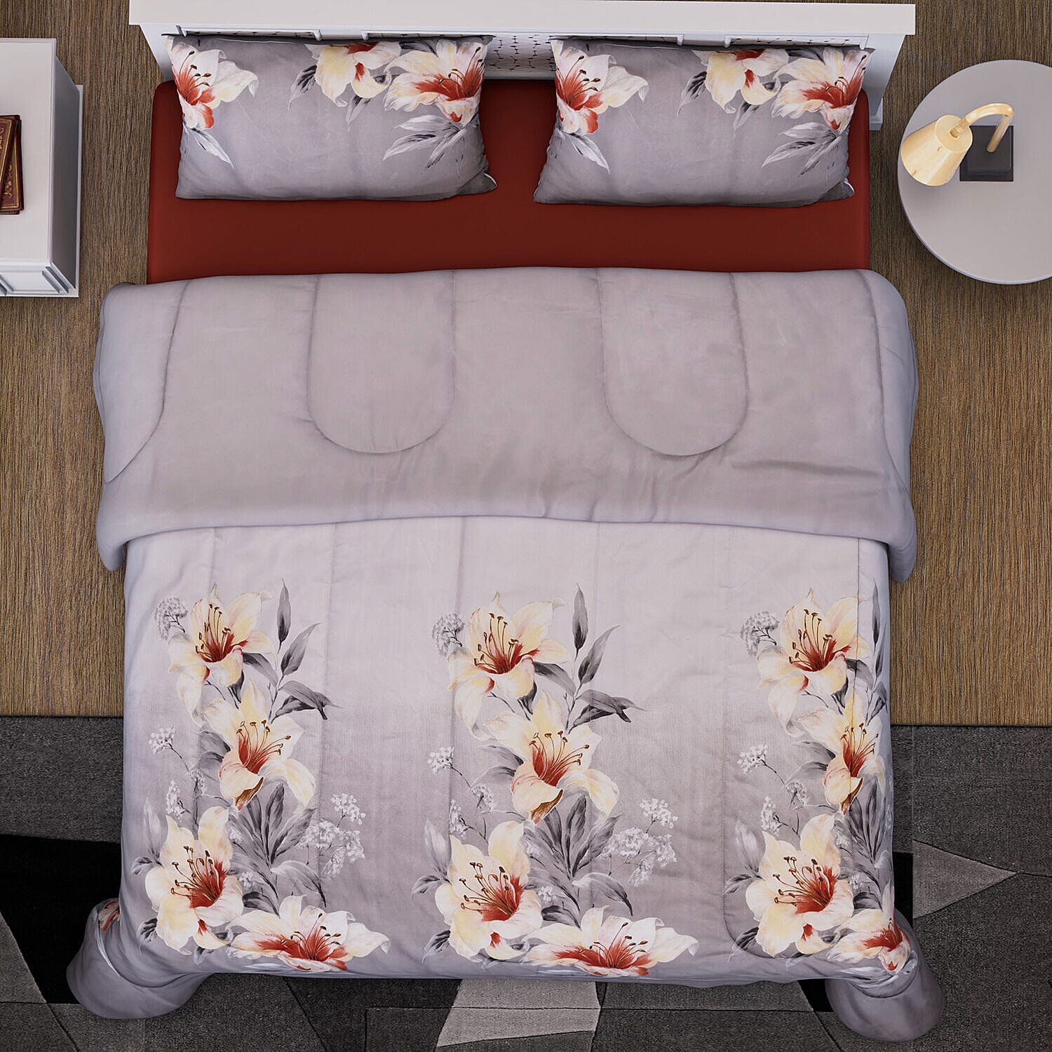 Set of 3 - Floral Pattern Comforter and 2 Pillowcases - Grey
