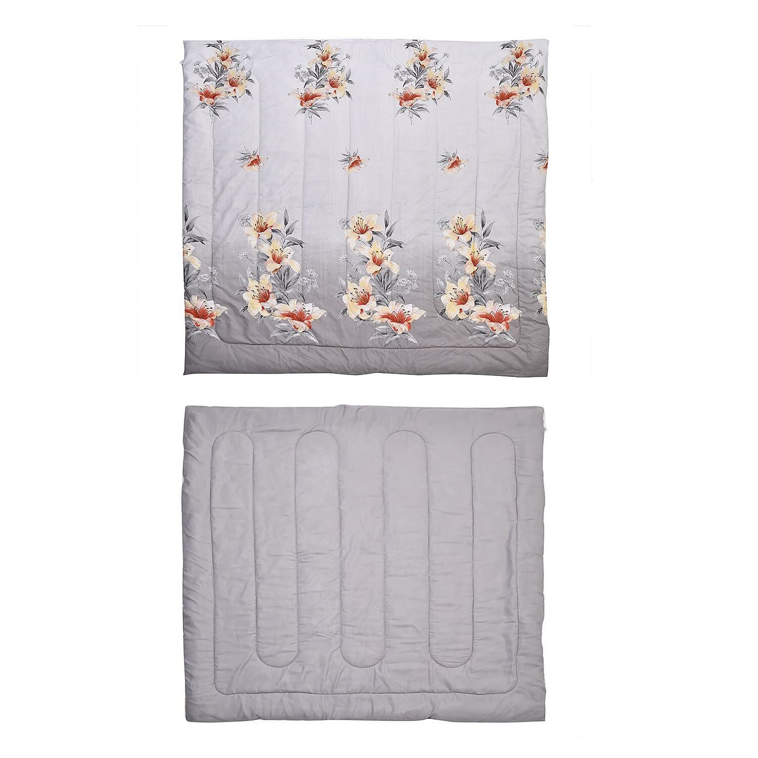 Set of 3 - Floral Pattern Comforter and 2 Pillowcases - Grey