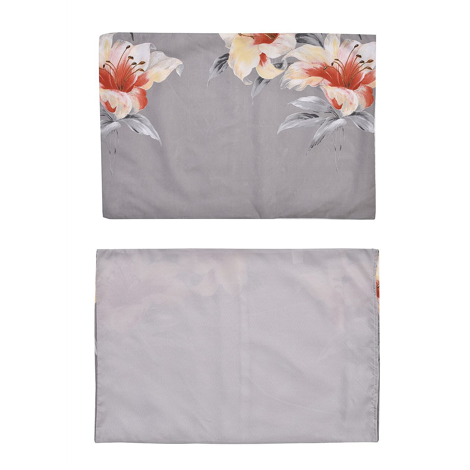 Set of 3 - Floral Pattern Comforter and 2 Pillowcases - Grey