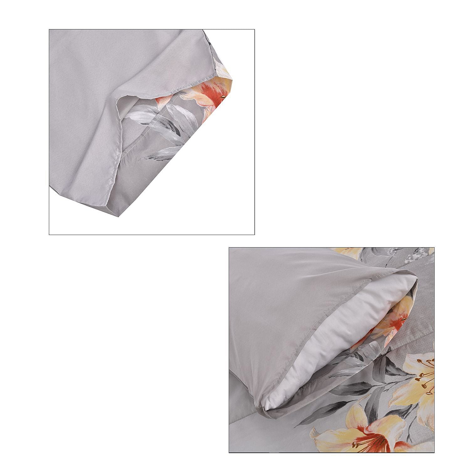 Set of 3 - Floral Pattern Comforter and 2 Pillowcases - Grey