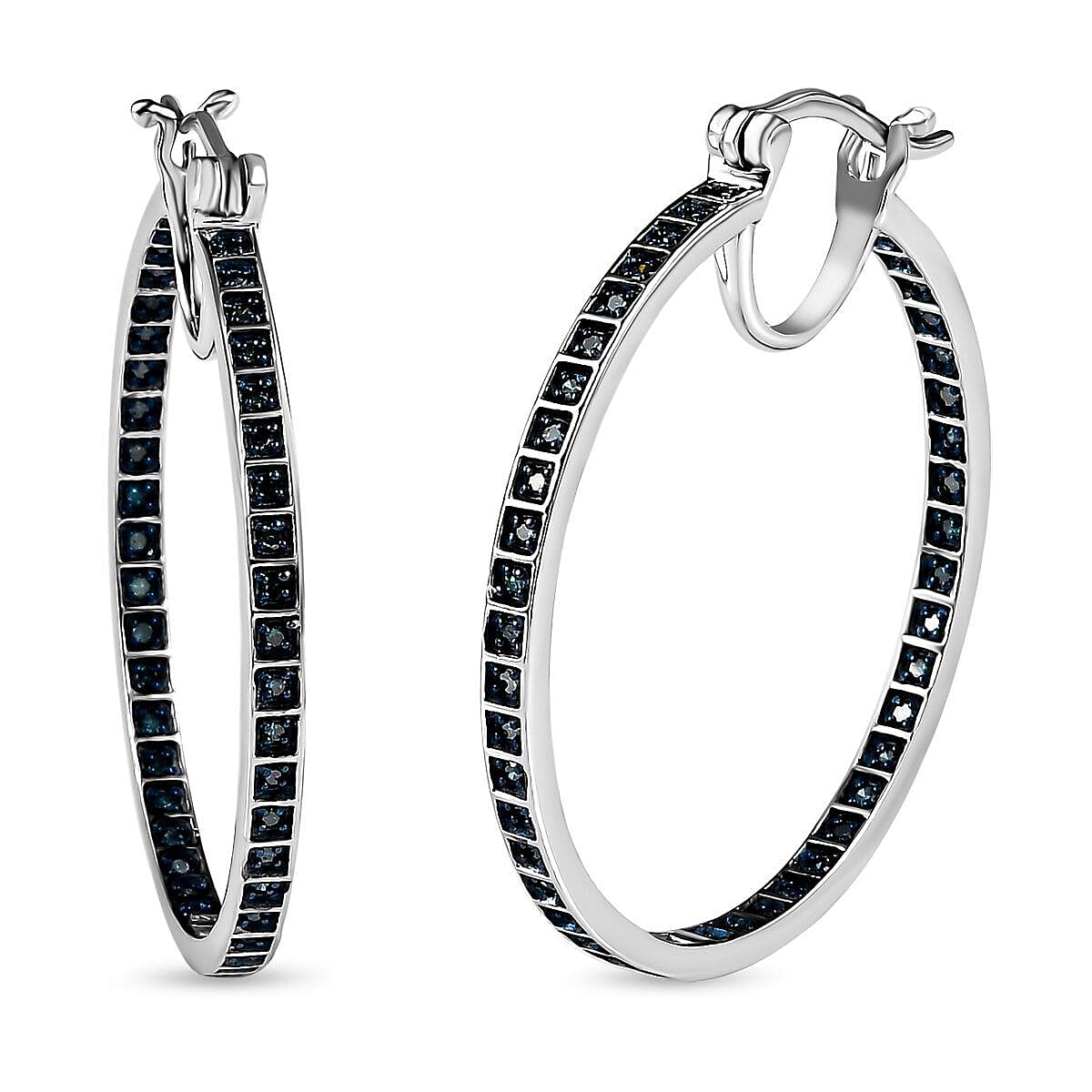 Blue Diamond Hoop Earrings in Platinum Overlay Sterling Silver 1.00 Ct, Silver Wt. 8.53 Gms.