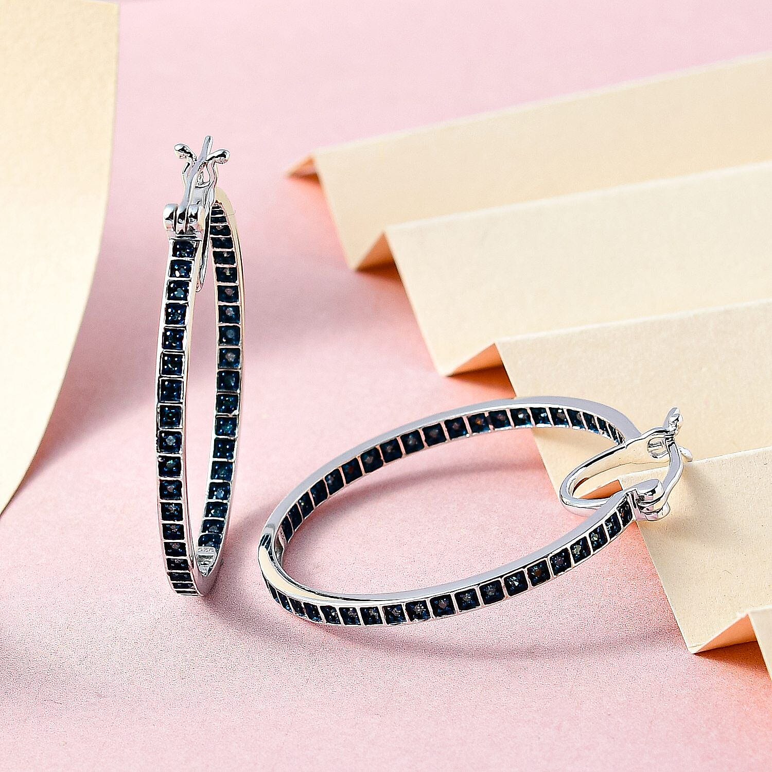 Blue Diamond Hoop Earrings in Platinum Overlay Sterling Silver 1.00 Ct, Silver Wt. 8.53 Gms.