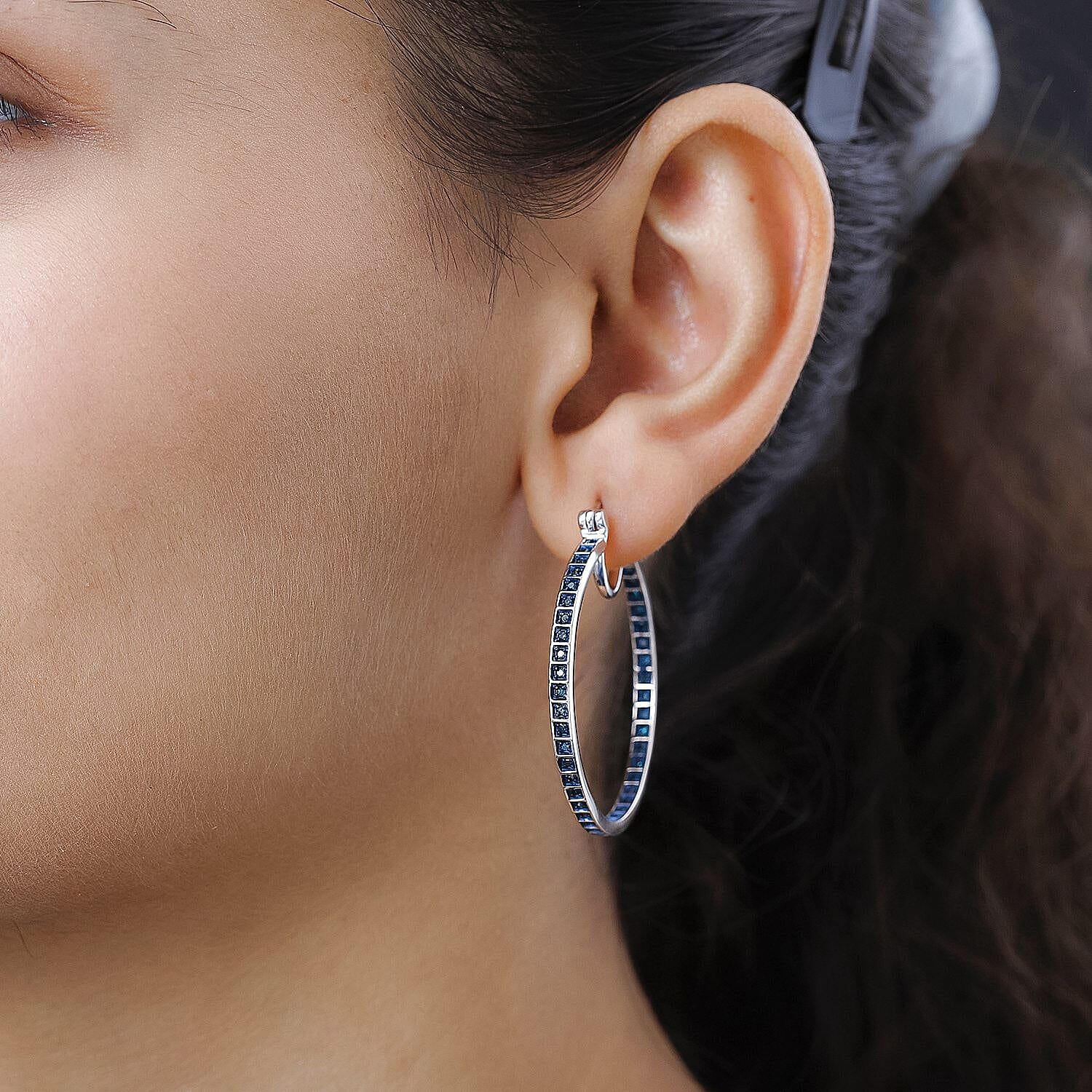 Blue Diamond Hoop Earrings in Platinum Overlay Sterling Silver 1.00 Ct, Silver Wt. 8.53 Gms.