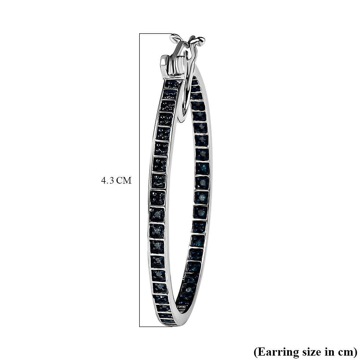 Blue Diamond Hoop Earrings in Platinum Overlay Sterling Silver 1.00 Ct, Silver Wt. 8.53 Gms.
