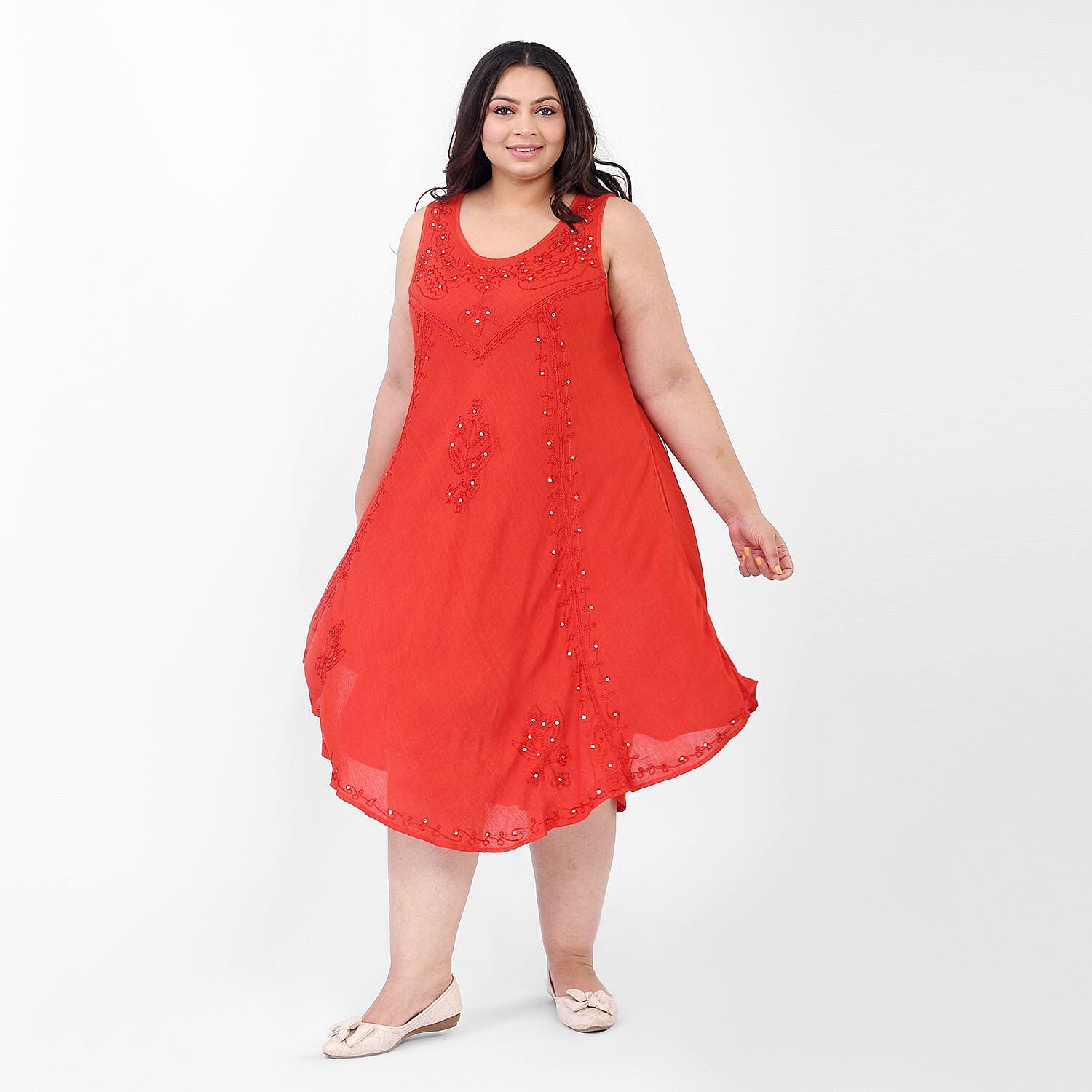Tamsy Rayon Solid Dress (Size 44x1 in) - Red & Red