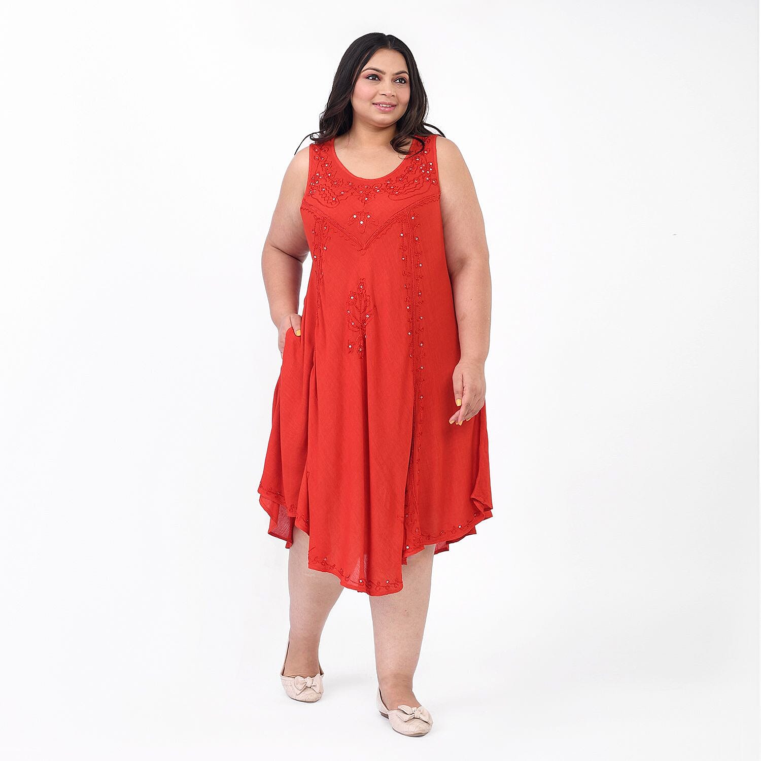 Tamsy Rayon Solid Dress (Size 44x1 in) - Red & Red