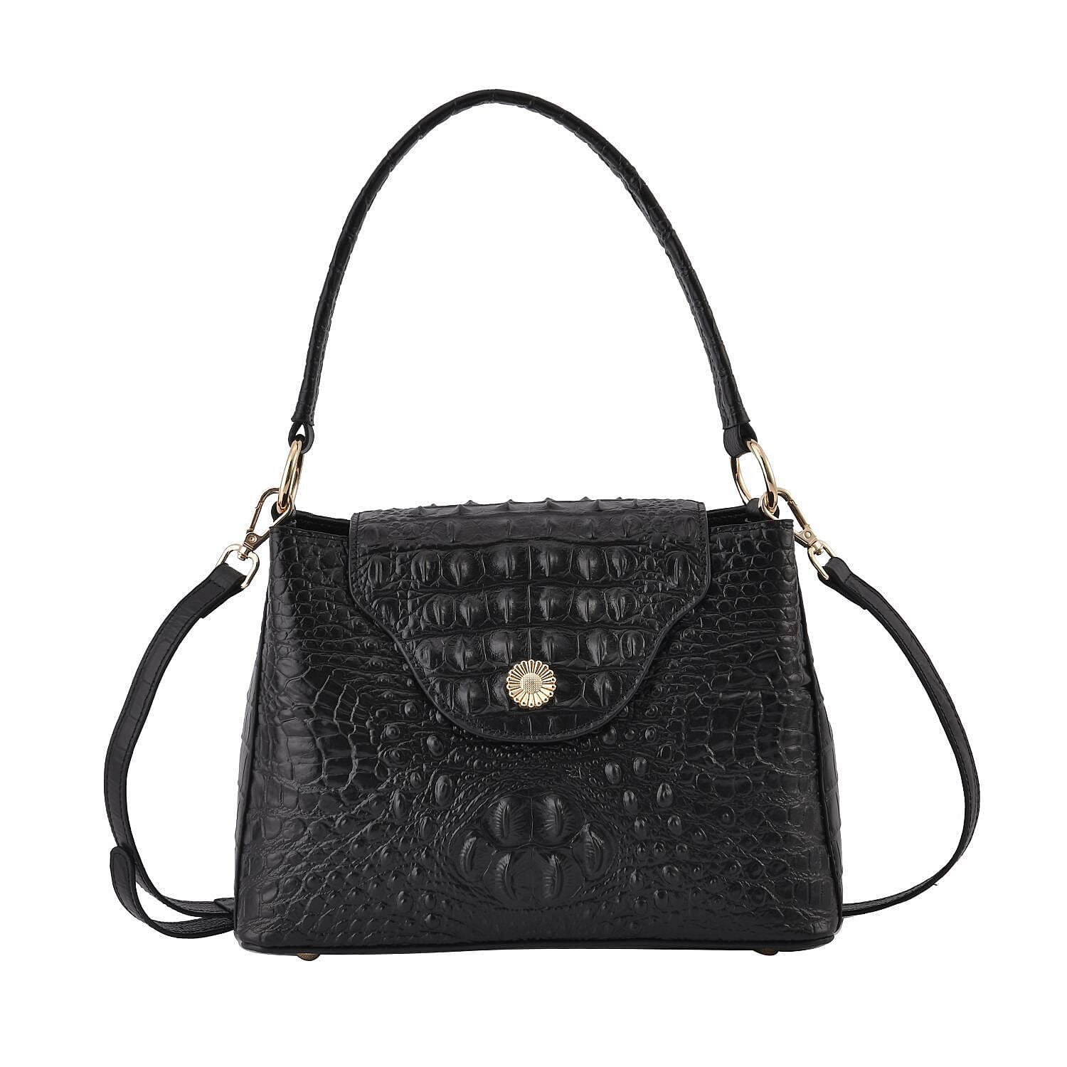 Genuine Leather Patterned Crossbody Bag (Size 27x10x19 cm) - Black & Black