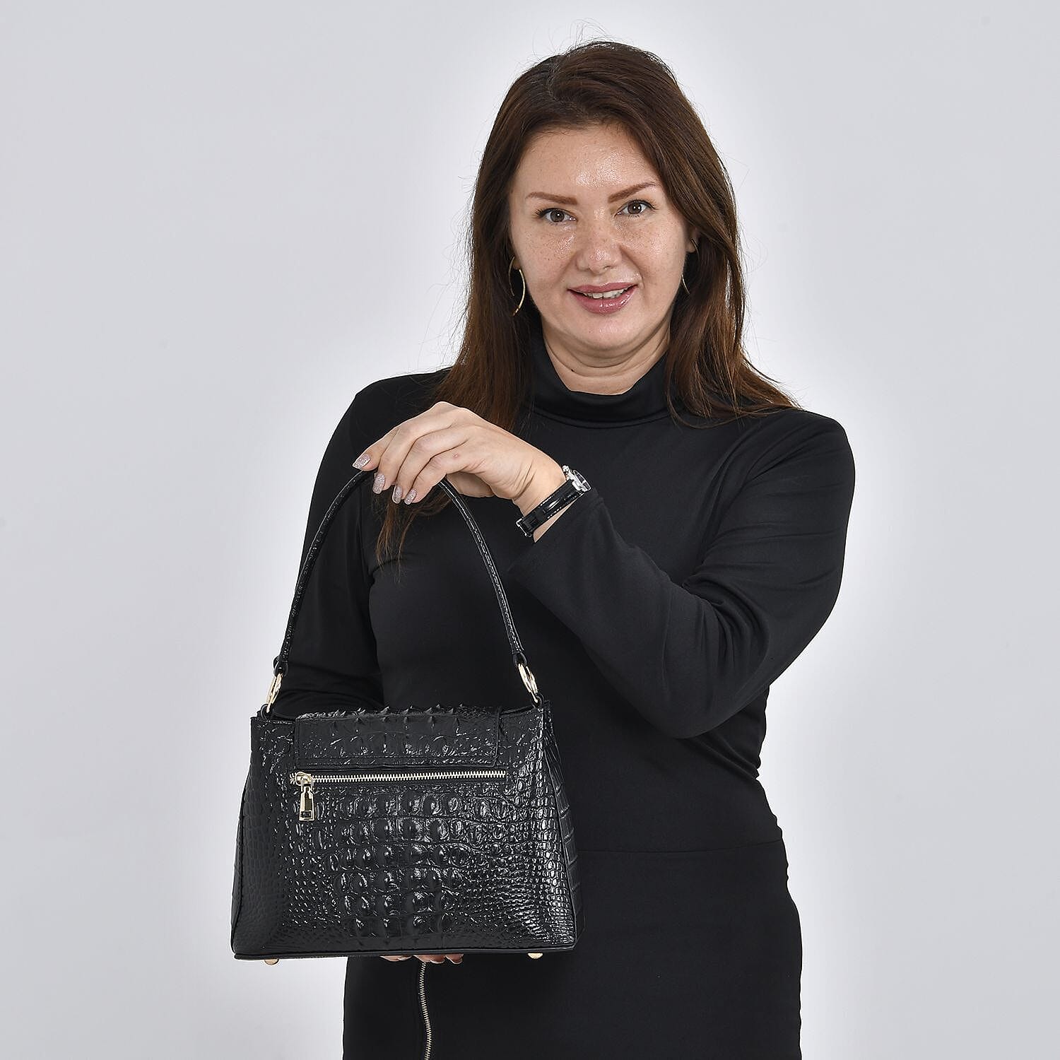 Genuine Leather Patterned Crossbody Bag (Size 27x10x19 cm) - Black & Black